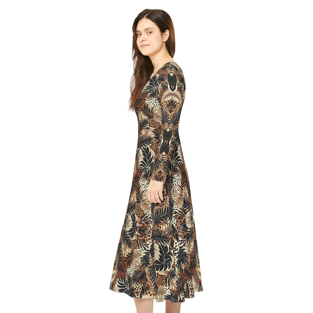 Boho Feather Print Long Sleeve luxury Dress — Full Circle Skirt