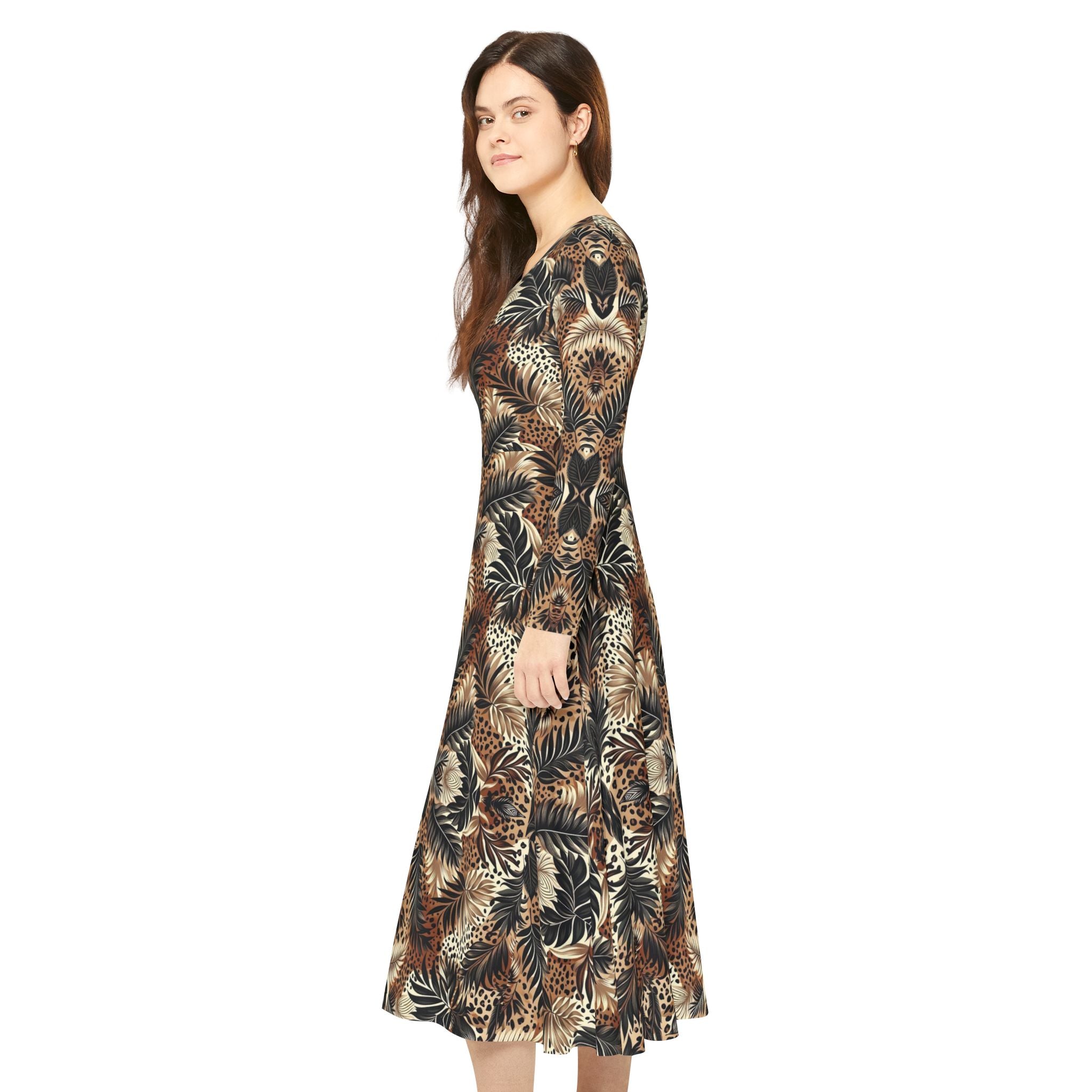 Boho Feather Print Long Sleeve luxury Dress — Full Circle Skirt