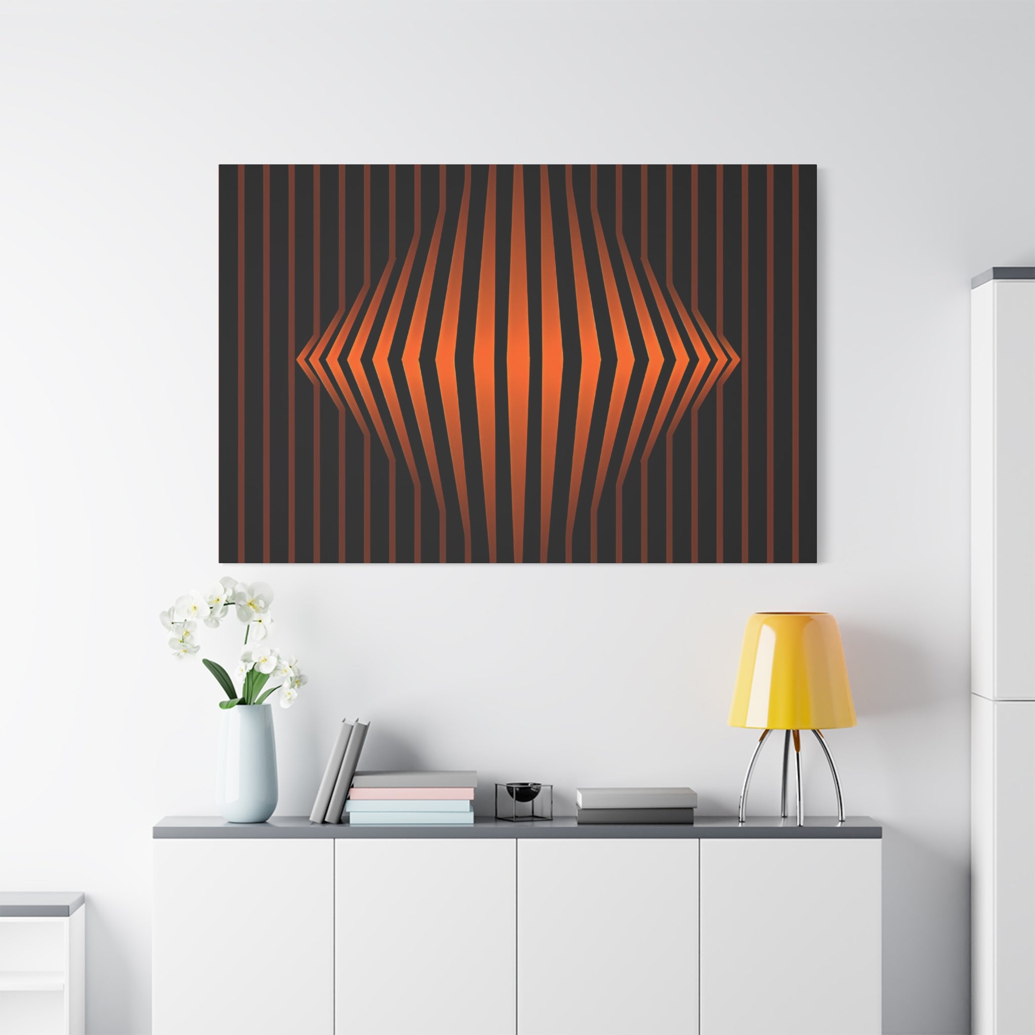 Optical Orange Stripe Canvas Wall Art – Geometric Mid-Century Abstract