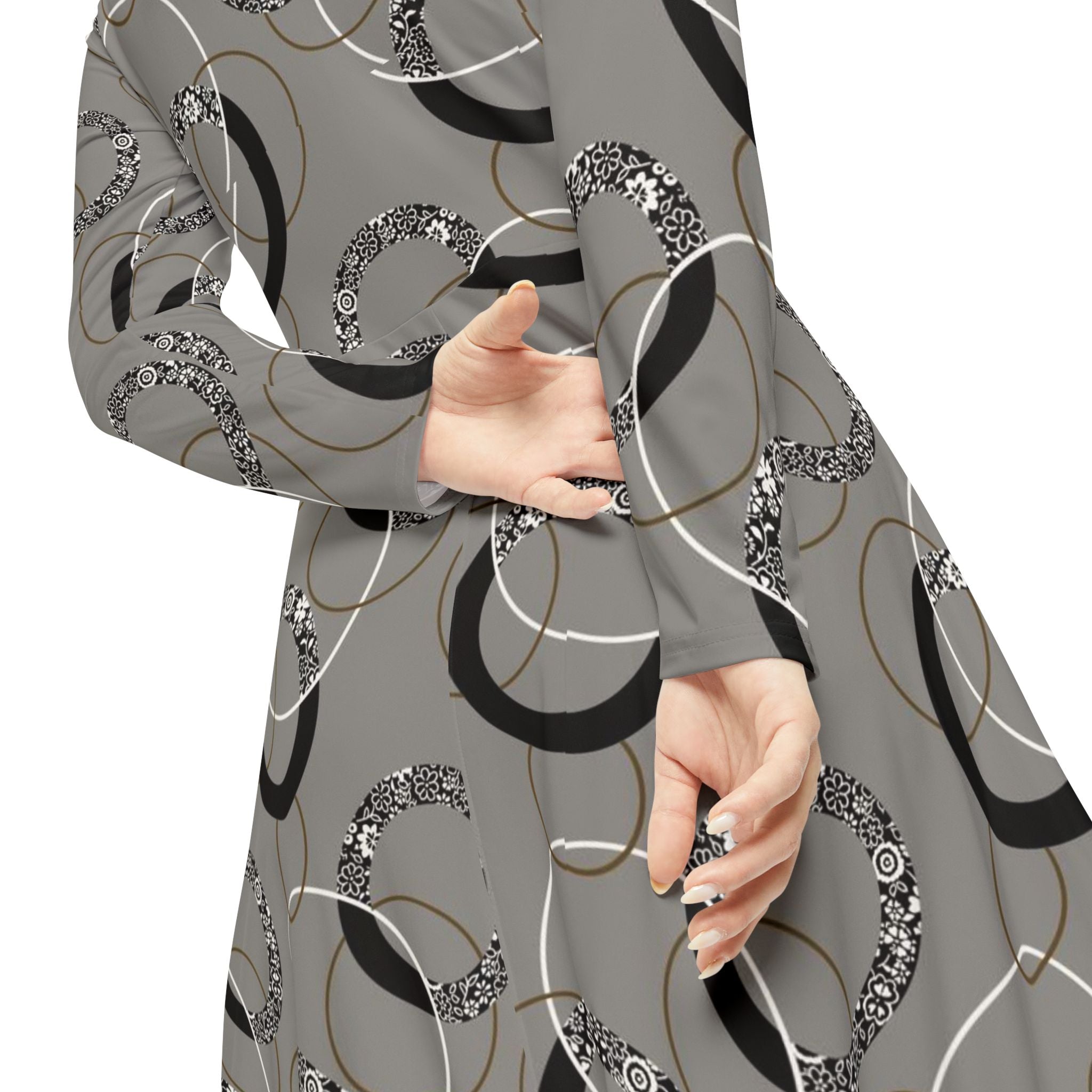 Gray Vintage Hoop Pattern Long-Sleeve Luxury Dress
