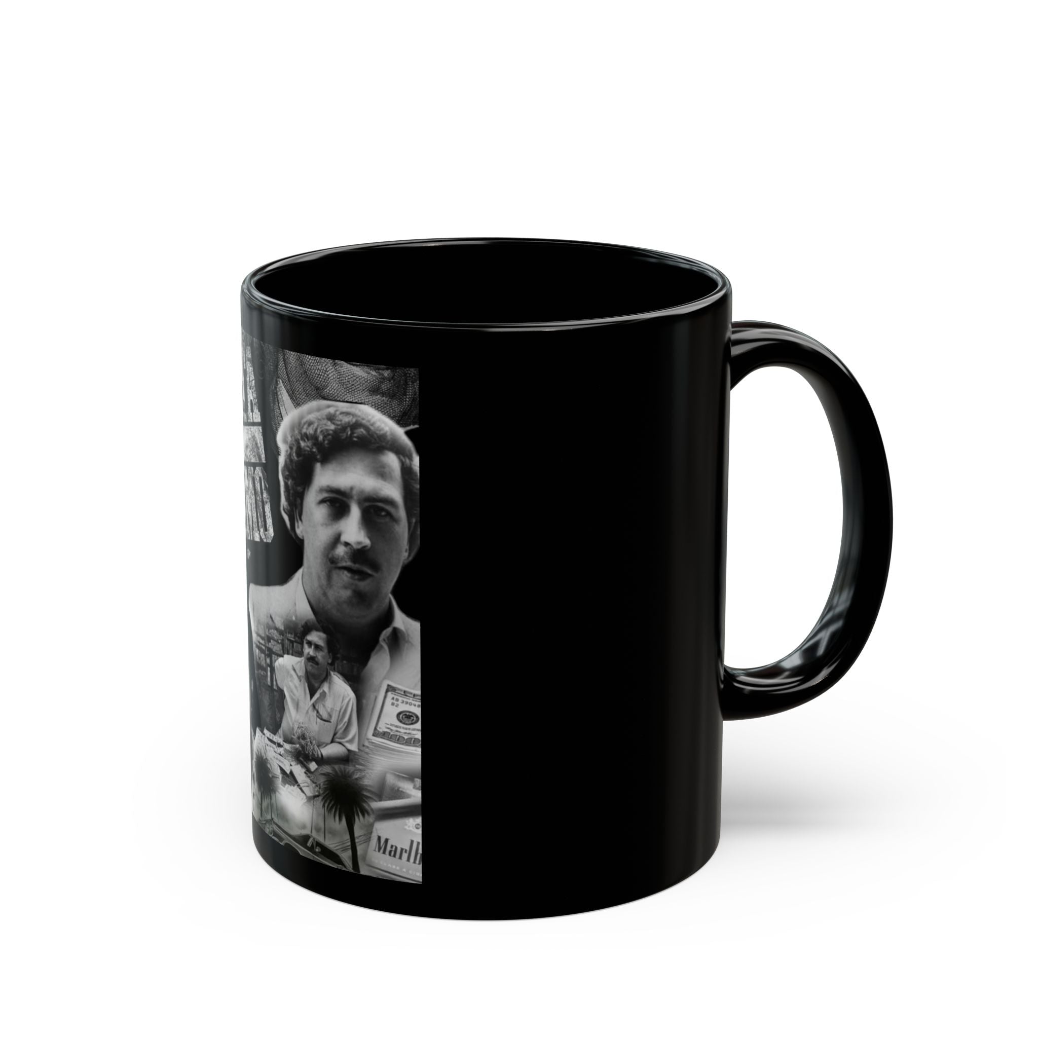 Black Ceramic Mug — Vintage Crime Collage "Plata o Plomo" Design (11oz/15oz)