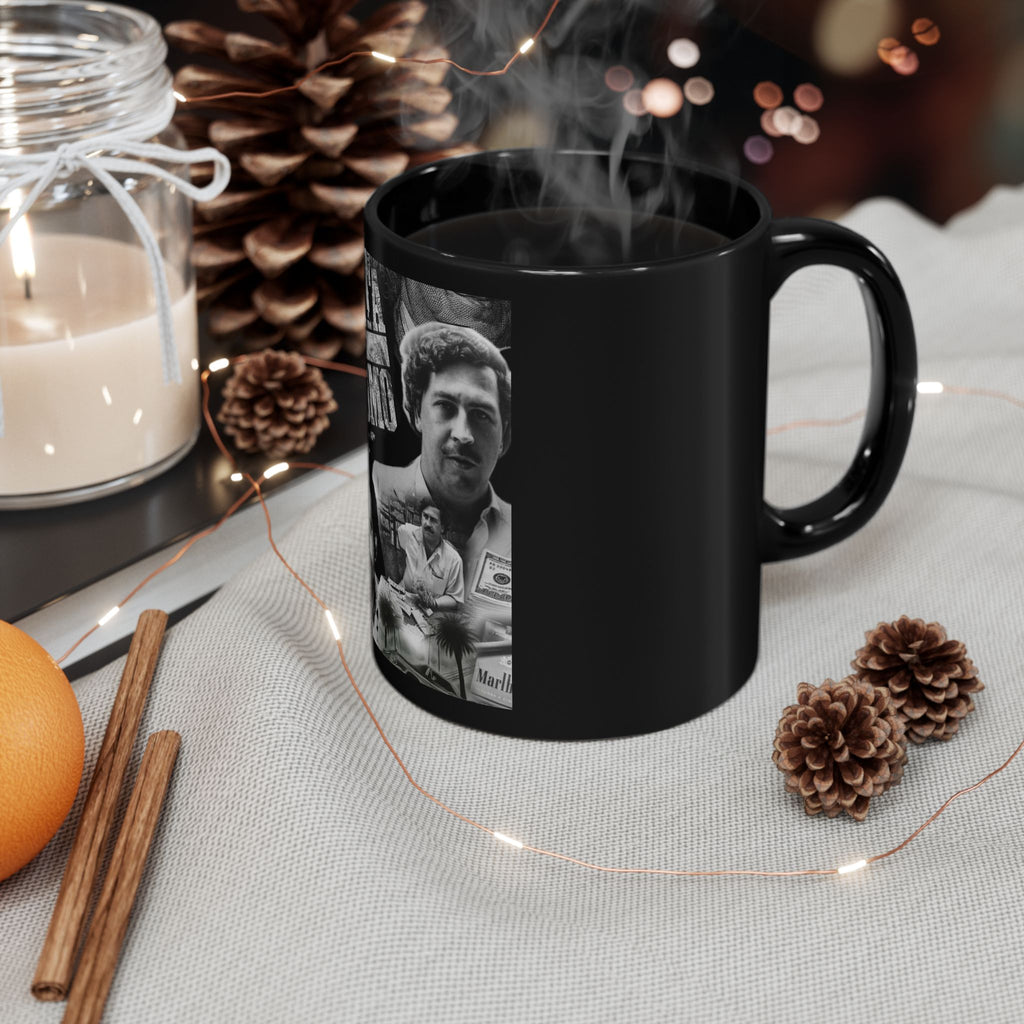 Black Ceramic Mug — Vintage Crime Collage "Plata o Plomo" Design (11oz/15oz)