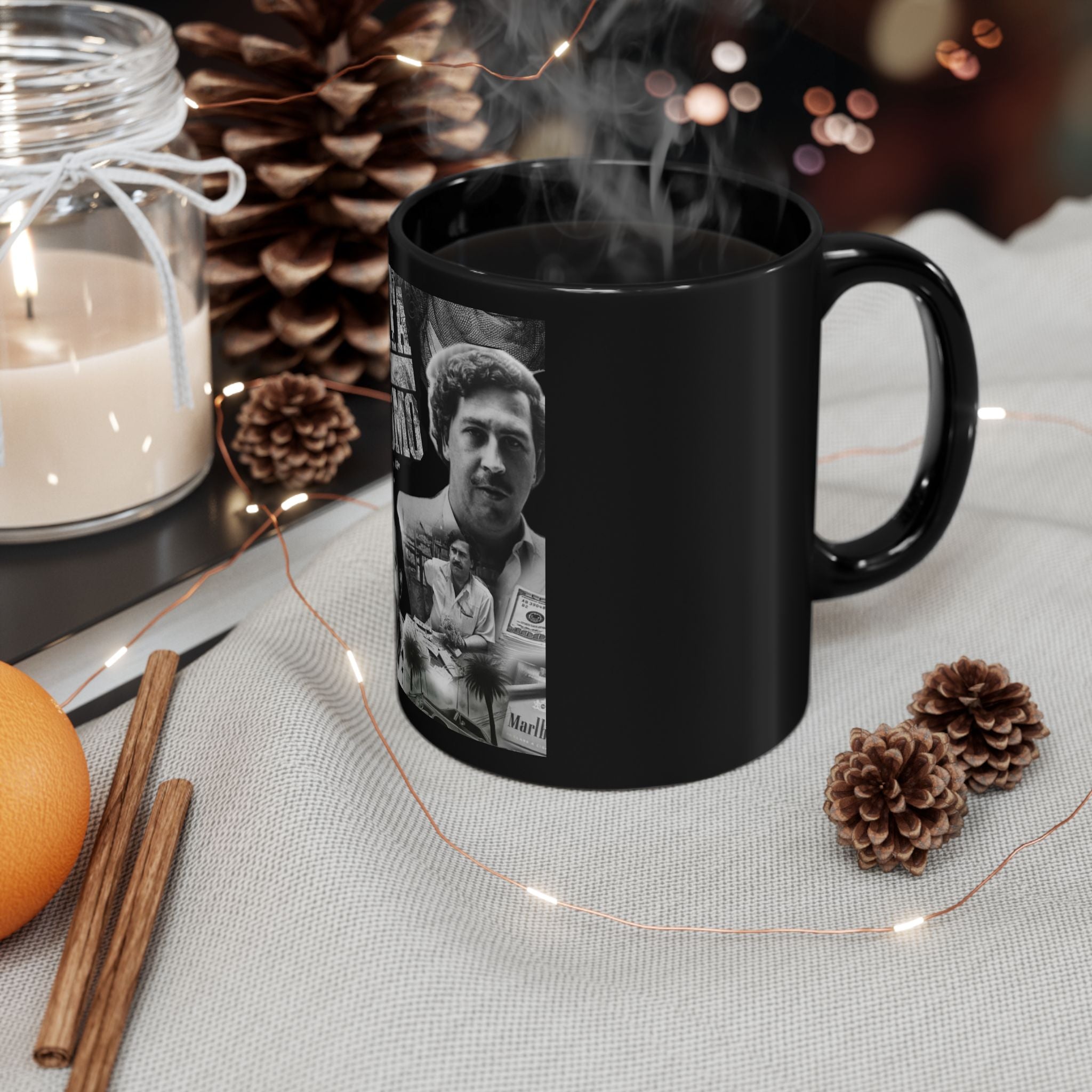 Black Ceramic Mug — Vintage Crime Collage "Plata o Plomo" Design (11oz/15oz)