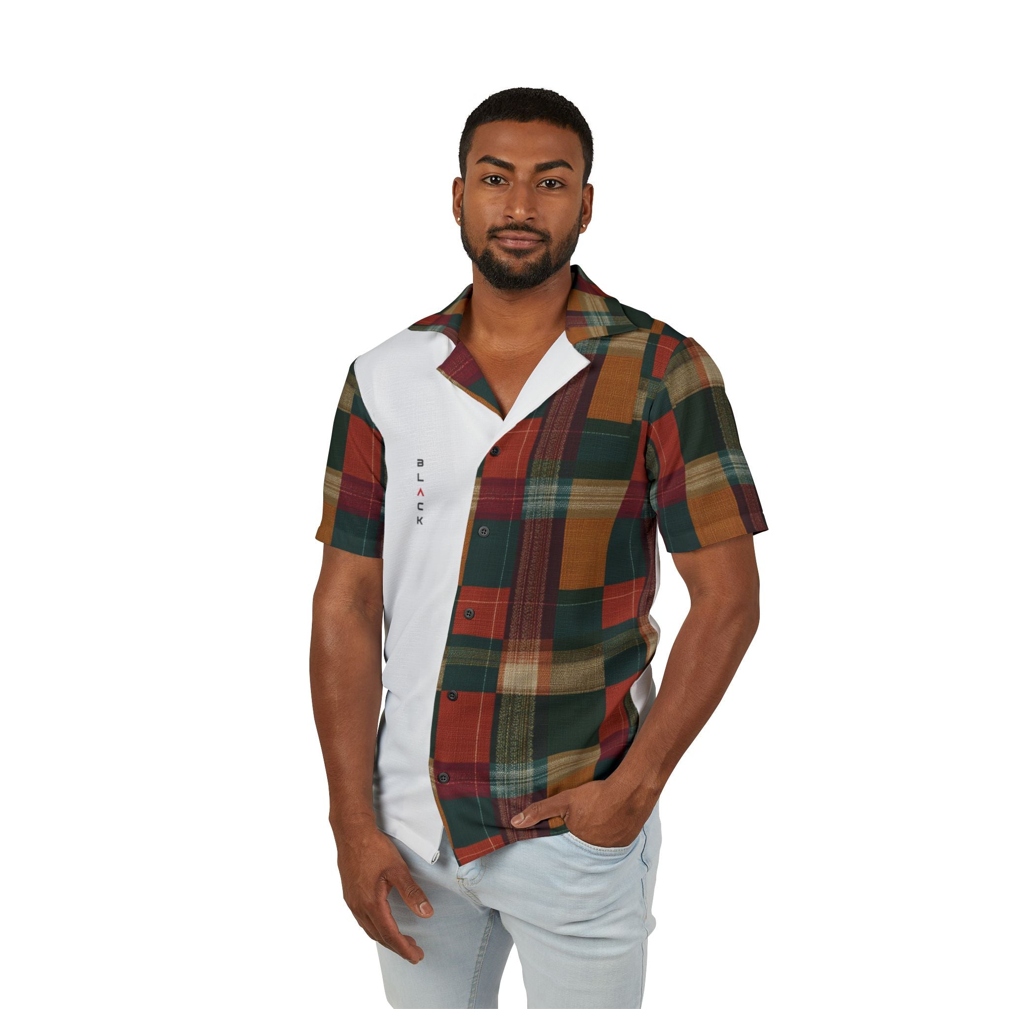 Camisa Hawaiana de Campamento con Paneles Divididos a Cuadros — Camisa Aloha Retro de Vacaciones para Hombre