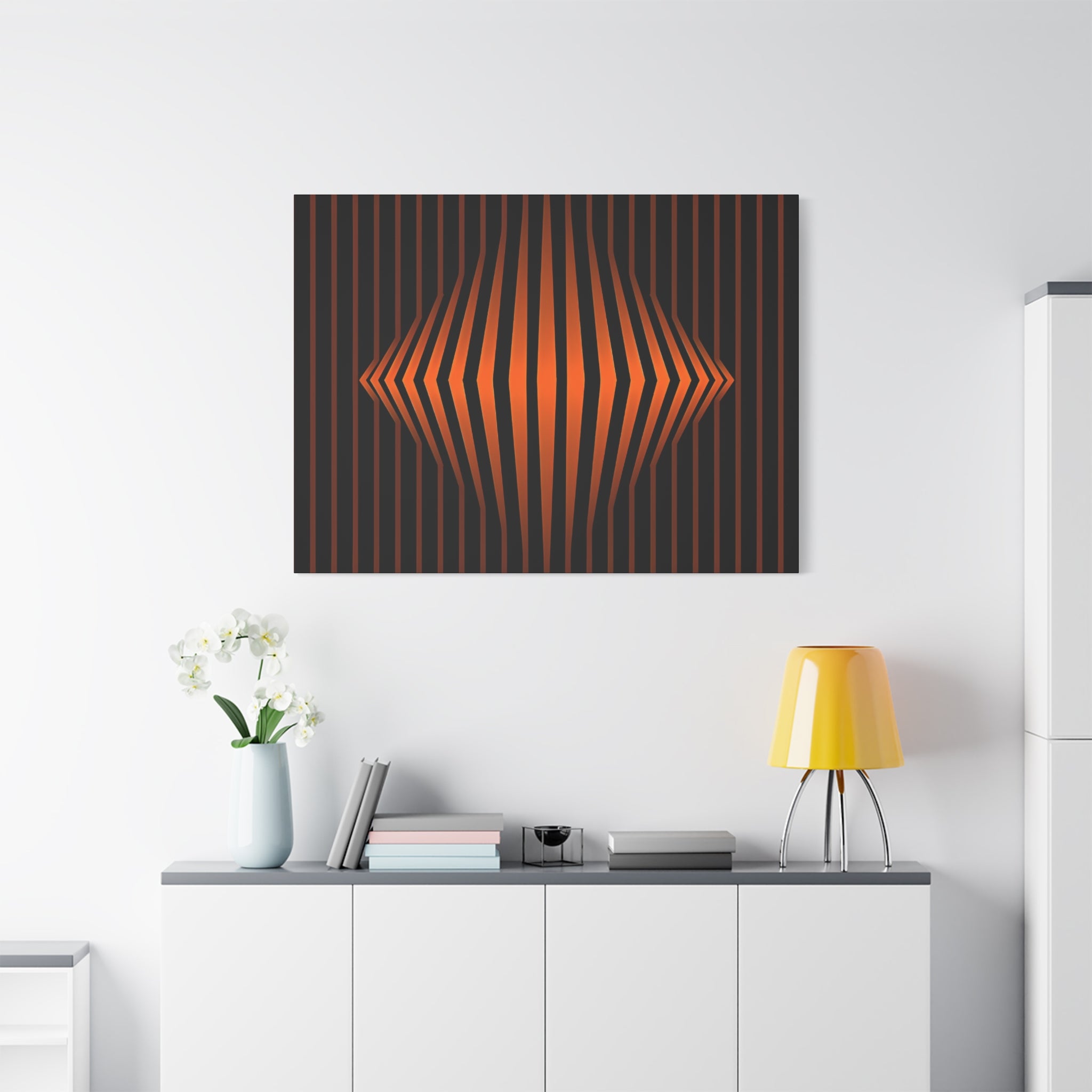 Optical Orange Stripe Canvas Wall Art – Geometric Mid-Century Abstract