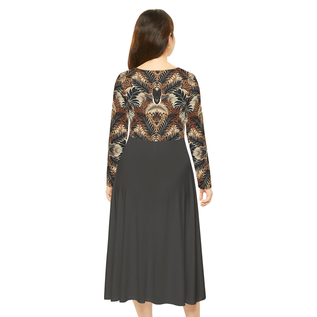 Boho Feather Print Long Sleeve luxury Dress — Full Circle Skirt
