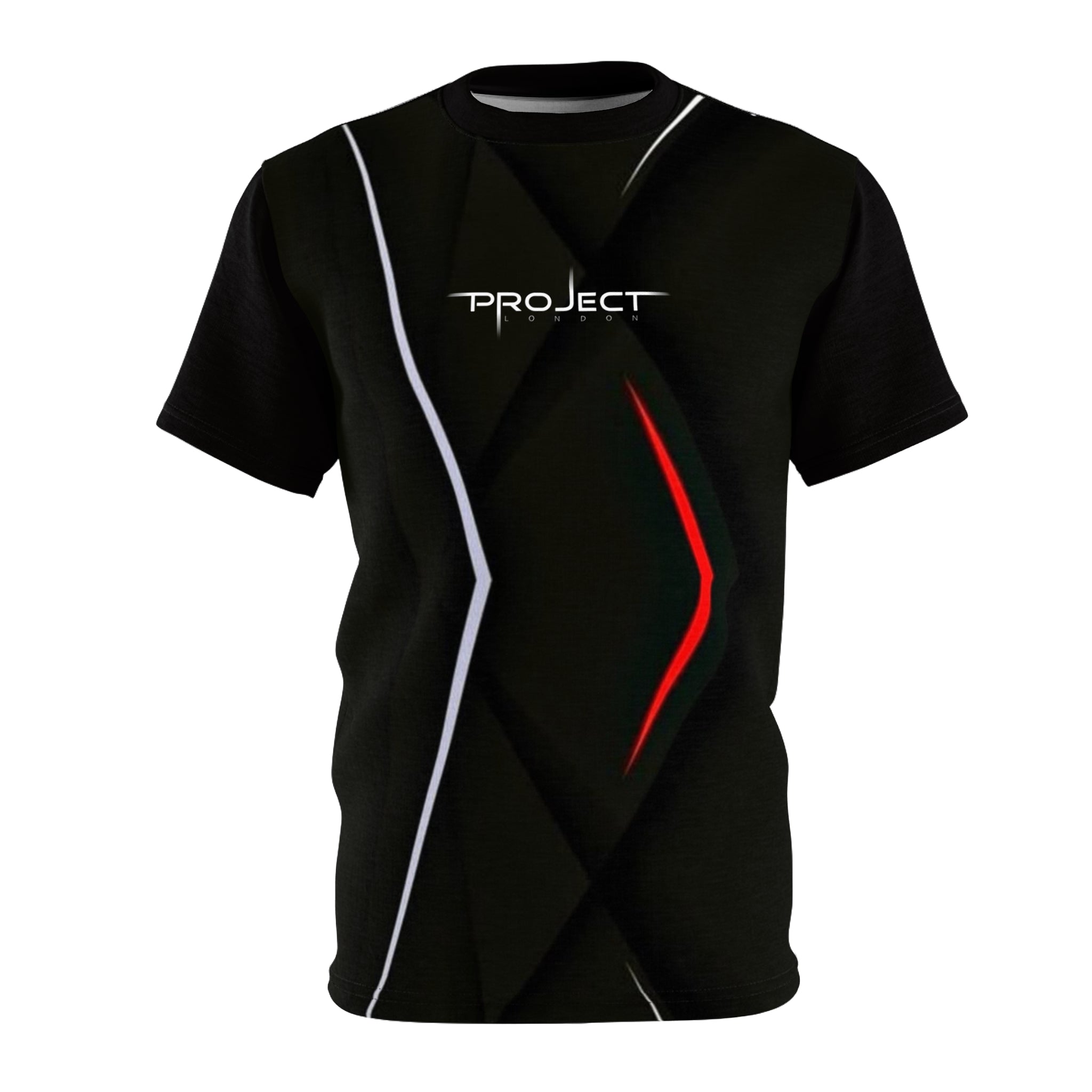Abstract Black Geometric Tee — Modern Red & White Accent All-Over Print