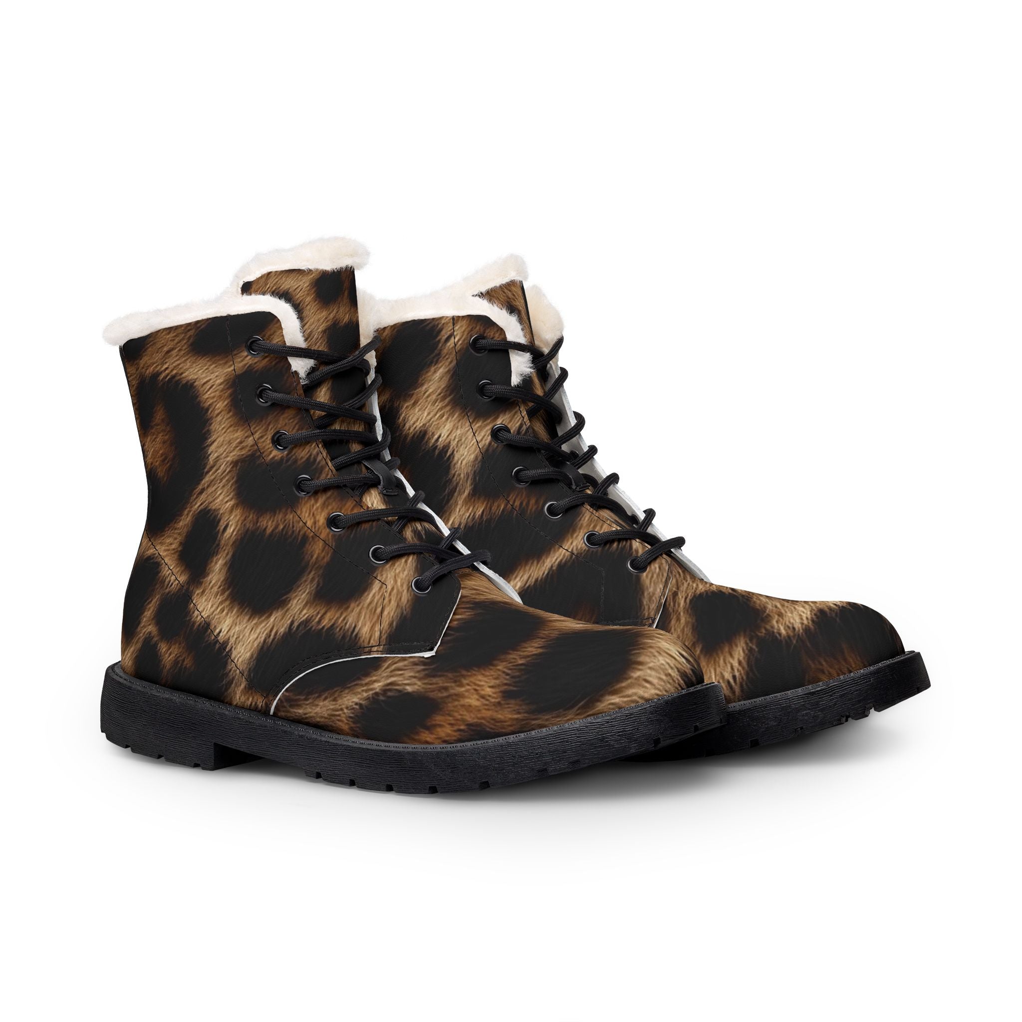 Leopard Print Fur-Lined Leather Boots — Women's Cozy Winter Combat Style