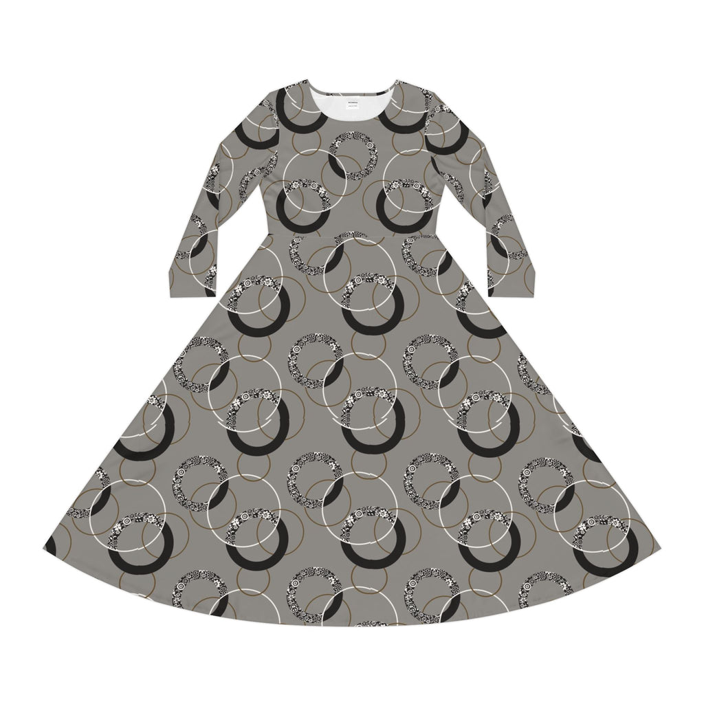 Gray Vintage Hoop Pattern Long-Sleeve Luxury Dress