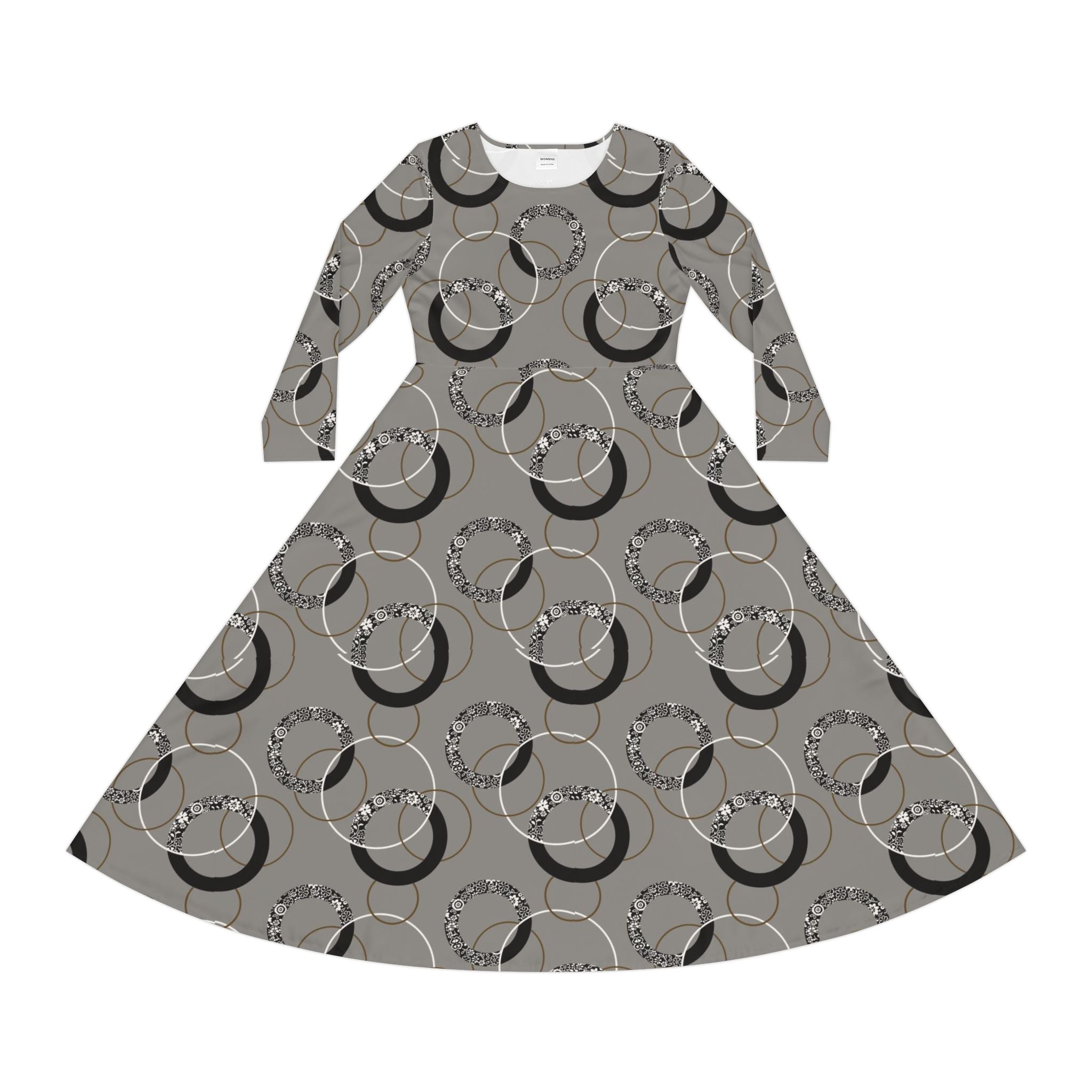 Gray Vintage Hoop Pattern Long-Sleeve Luxury Dress