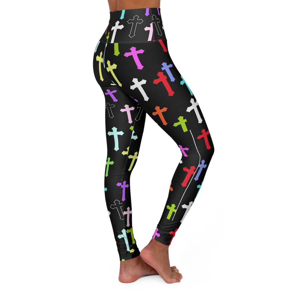 Cross Pattern High-Waist Yoga Leggings — Colorful Crosses on Black