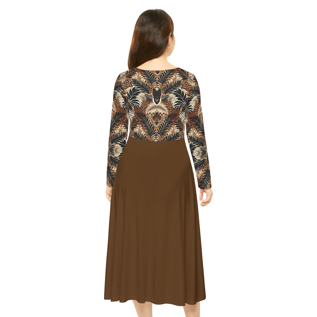 Boho Feather Print Long Sleeve luxury Dress — Full Circle Skirt
