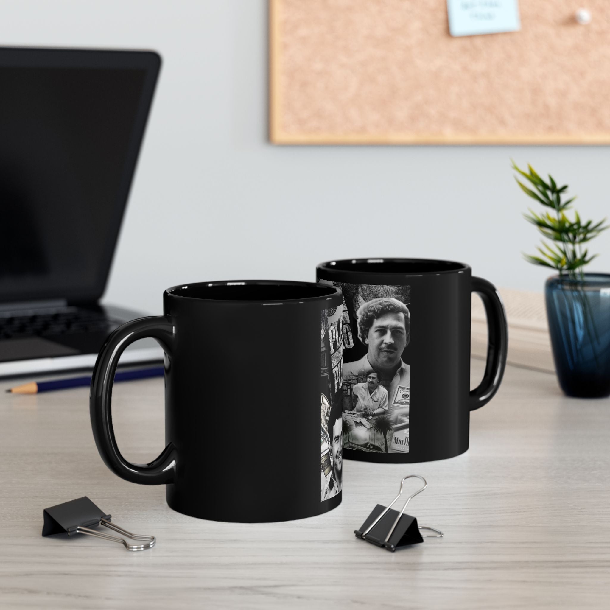 Black Ceramic Mug — Vintage Crime Collage "Plata o Plomo" Design (11oz/15oz)