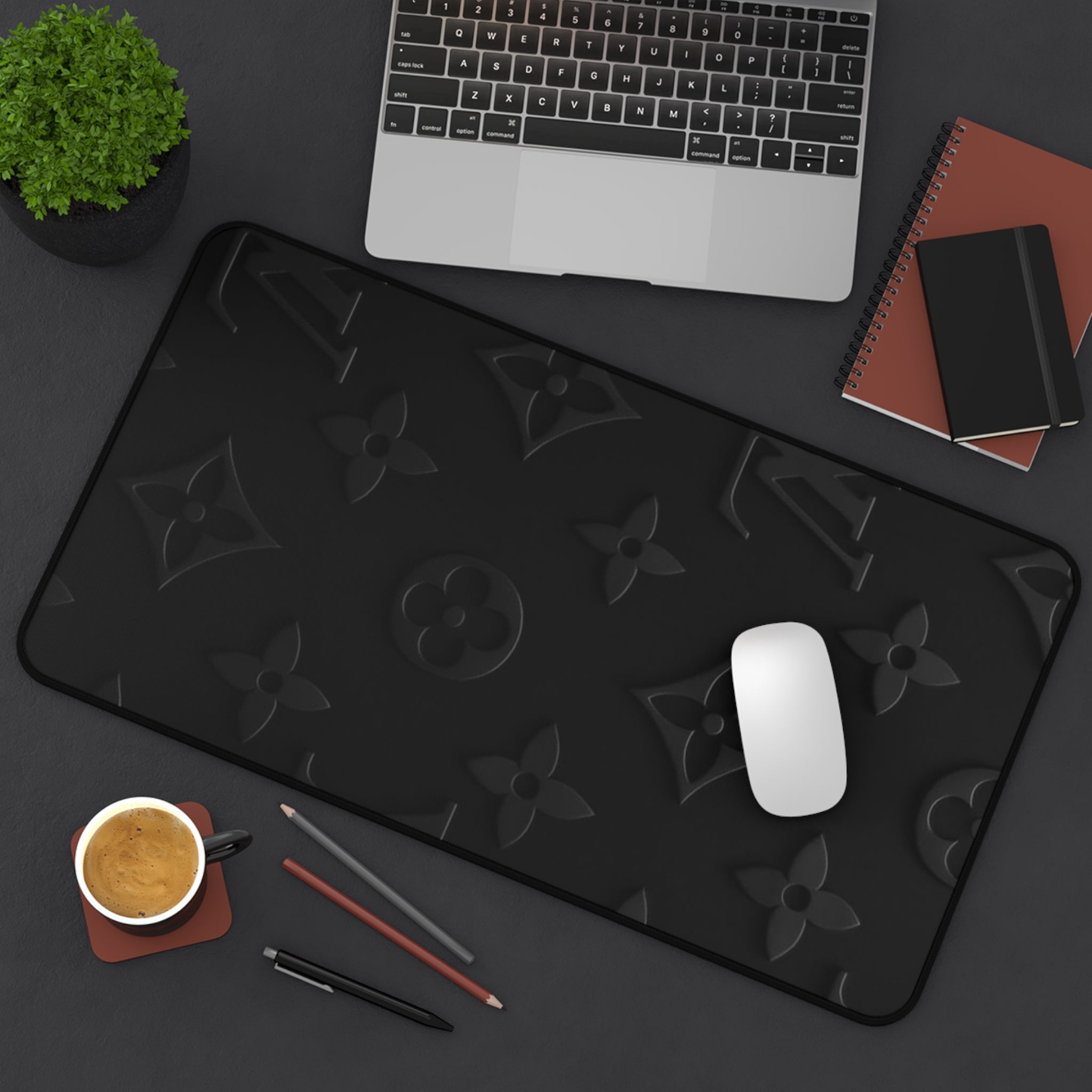 Black Luxe Pattern Desk Mat — Elegant Monogram Texture Mouse Pad