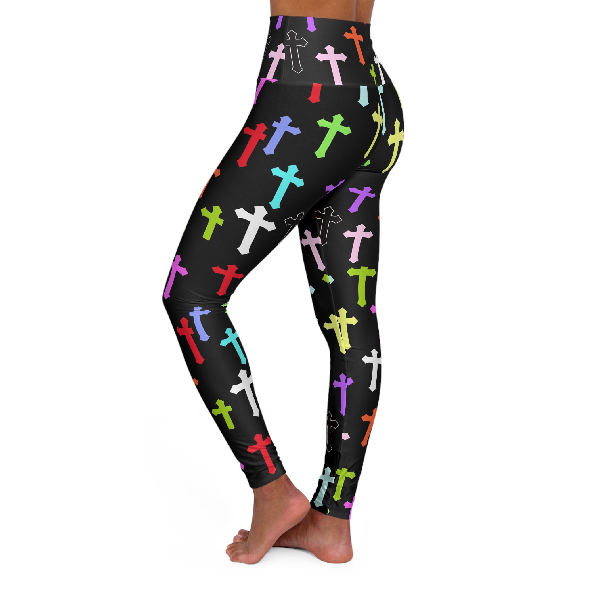 Cross Pattern High-Waist Yoga Leggings — Colorful Crosses on Black