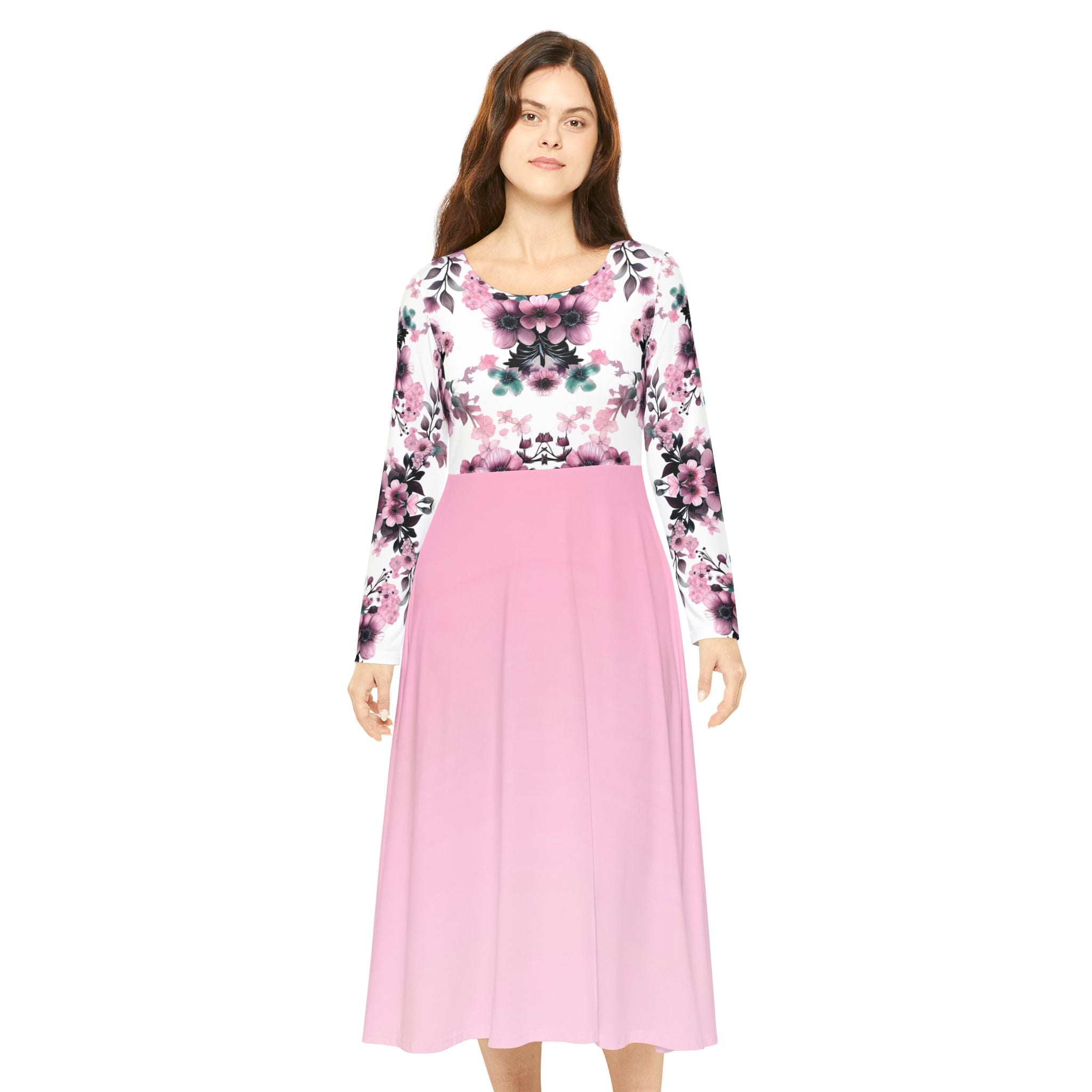 Floral Pink Kaleidoscope Long Sleeve luxury Dress
