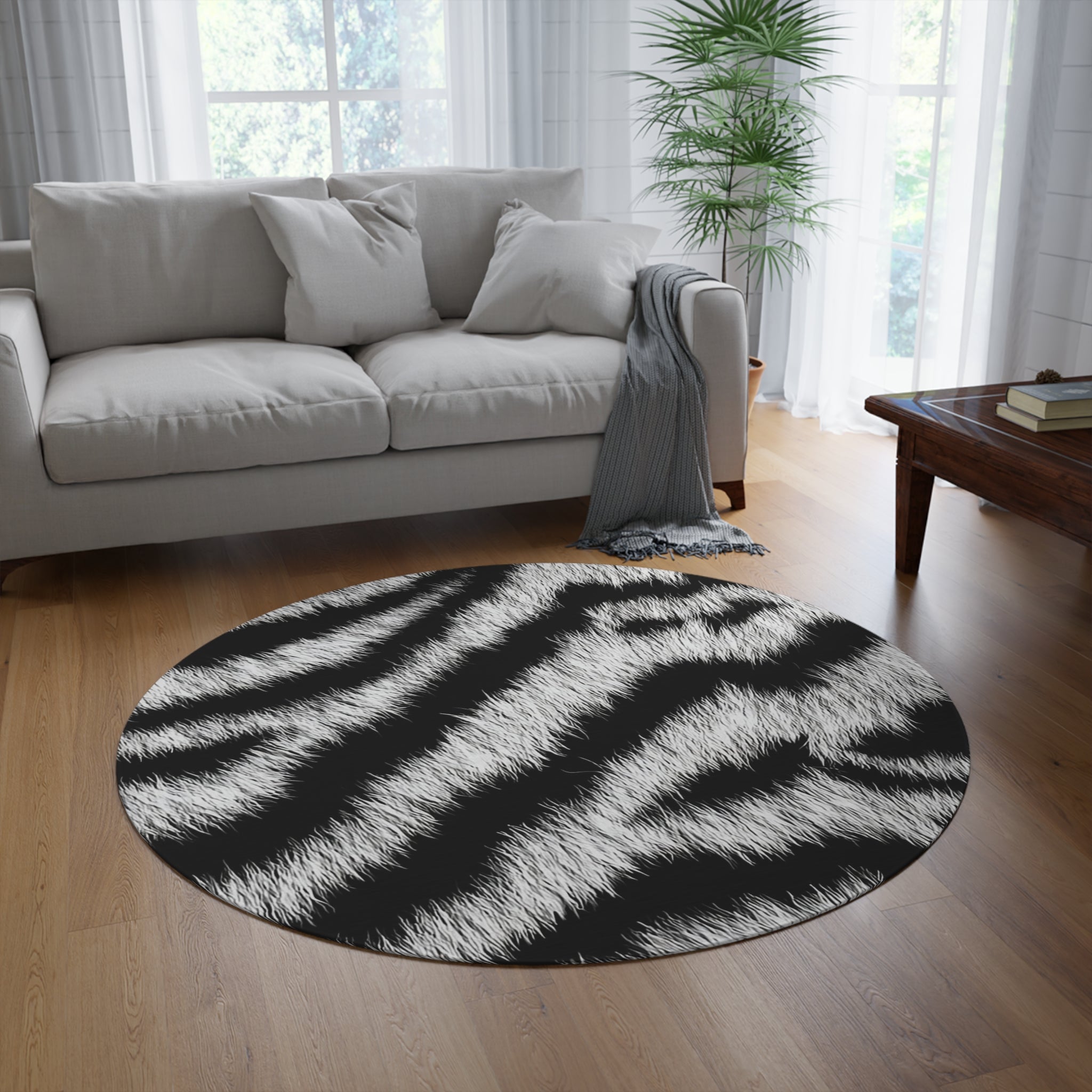 Zebra Print Round Rug — Black & White Faux Fur Accent Mat
