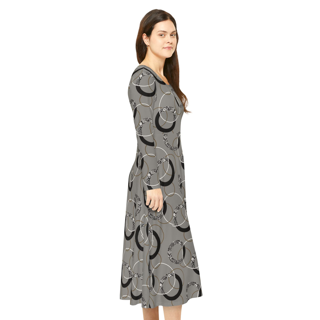 Gray Vintage Hoop Pattern Long-Sleeve Luxury Dress