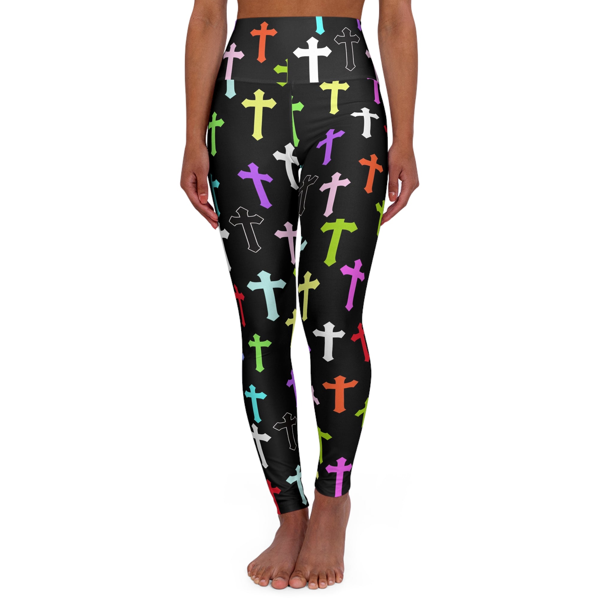 Cross Pattern High-Waist Yoga Leggings — Colorful Crosses on Black