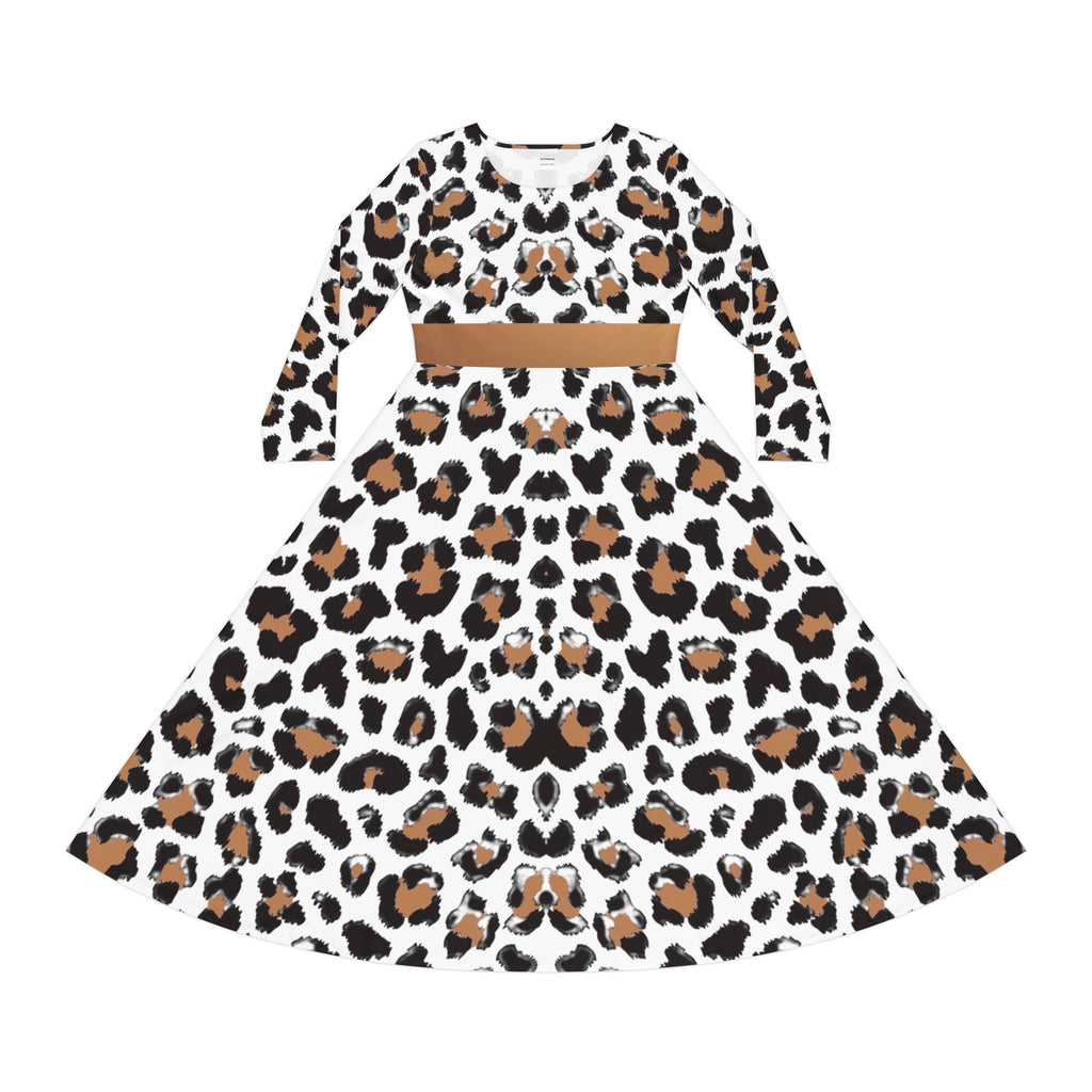 Leopard Print Long-Sleeve Luxury Dress — Flared A-Line Skirt, Animal Print Performance Wear