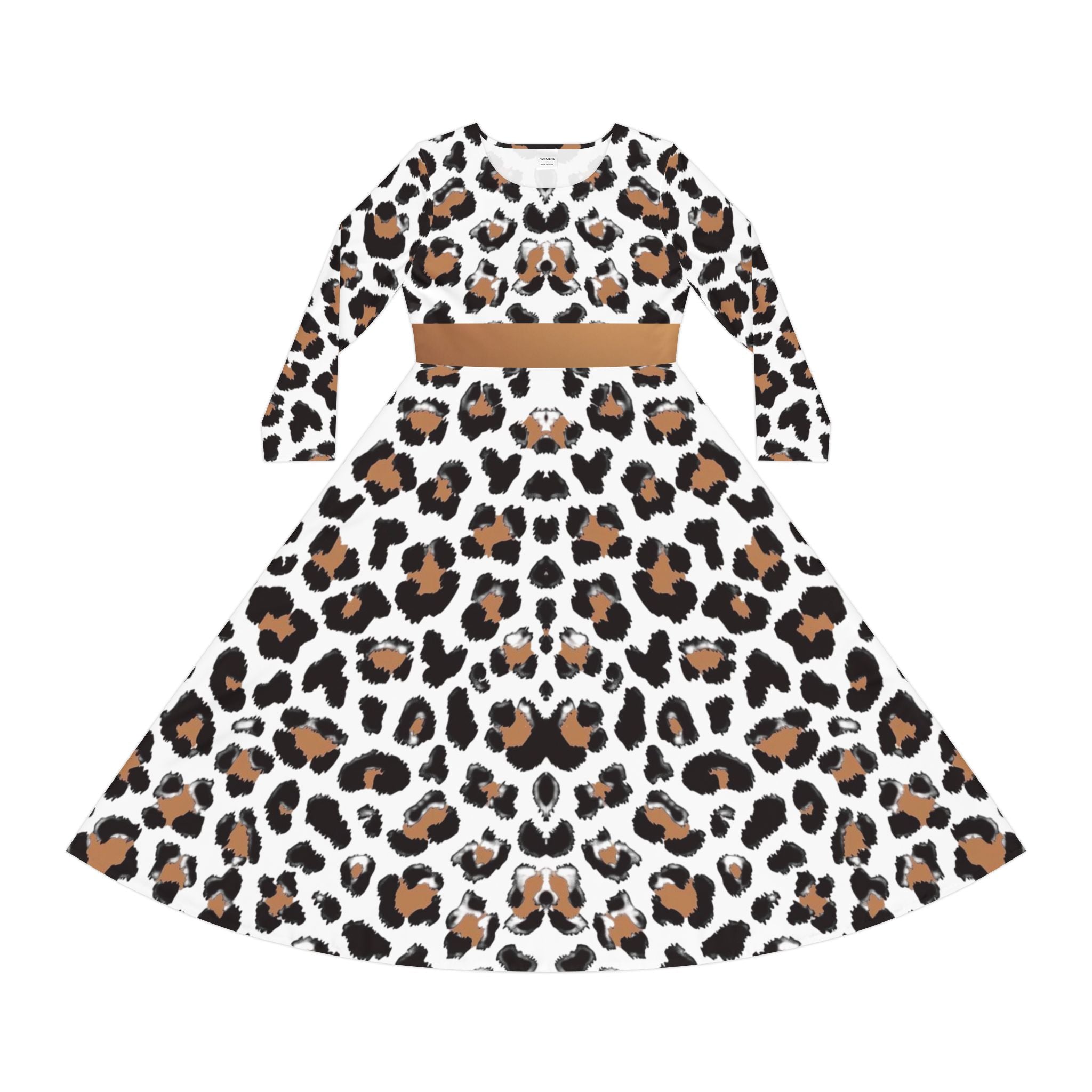 Leopard Print Long-Sleeve Luxury Dress — Flared A-Line Skirt, Animal Print Performance Wear
