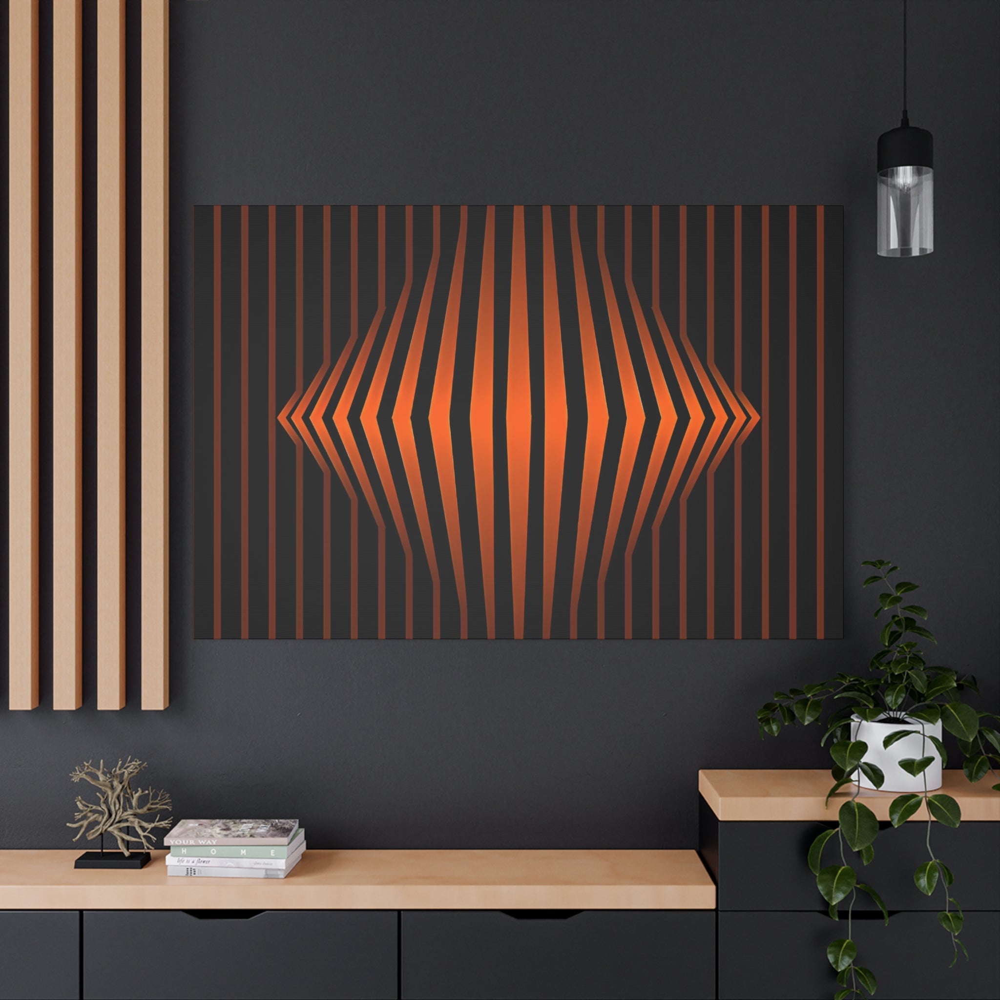 Optical Orange Stripe Canvas Wall Art – Geometric Mid-Century Abstract