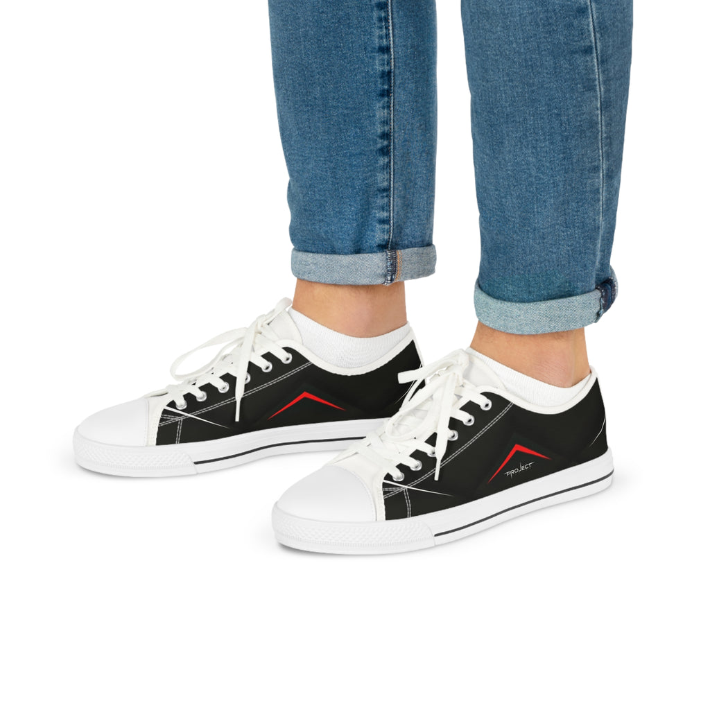 Men's Low Top Sneakers — Black Minimalist Casual Canvas Shoes with Red Accent