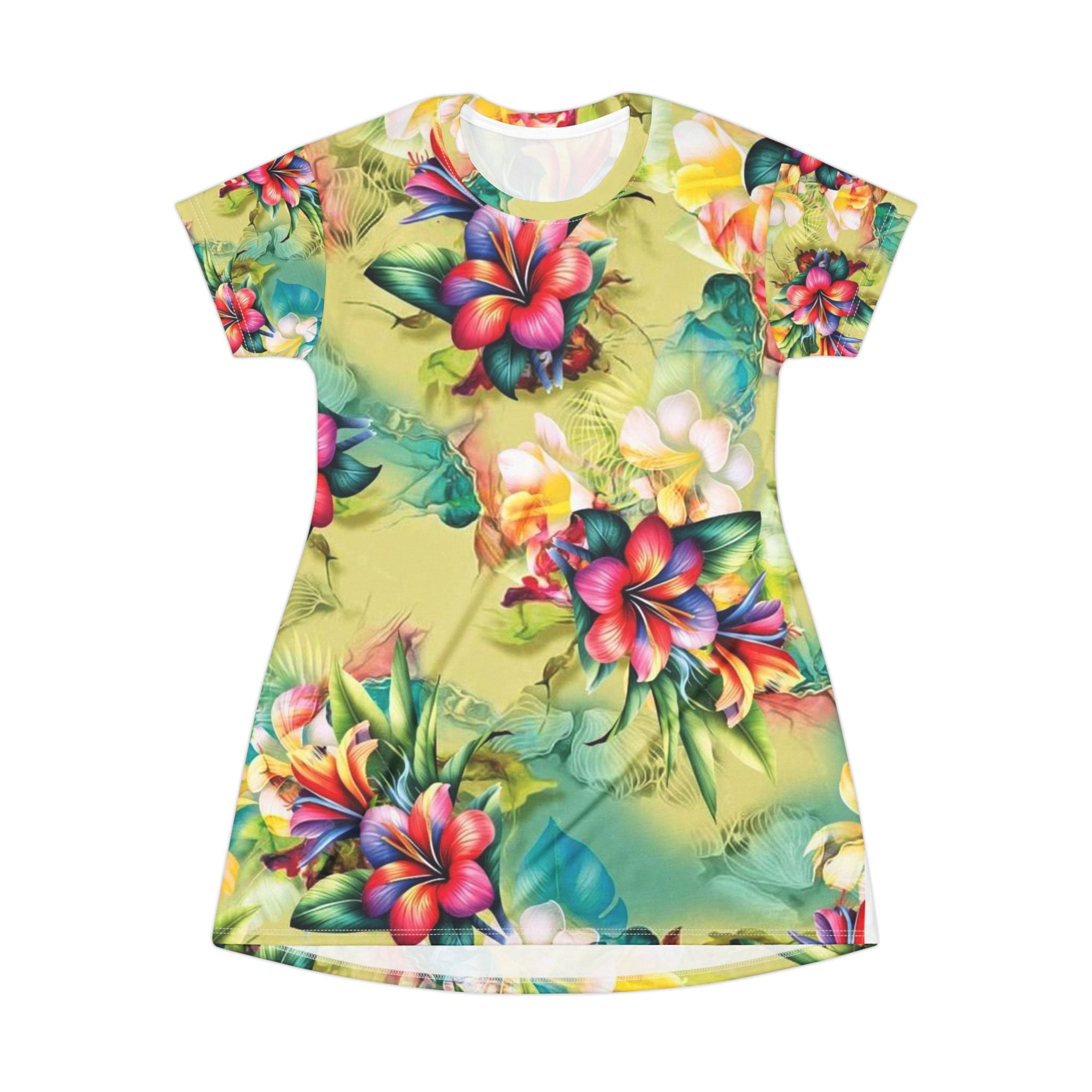 Floral Tropical T-Shirt Dress – Vibrant Hibiscus All-Over Print