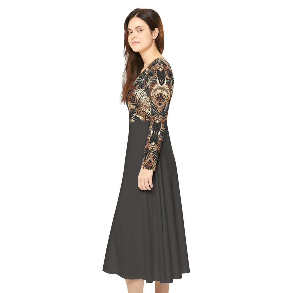 Boho Feather Print Long Sleeve luxury Dress — Full Circle Skirt