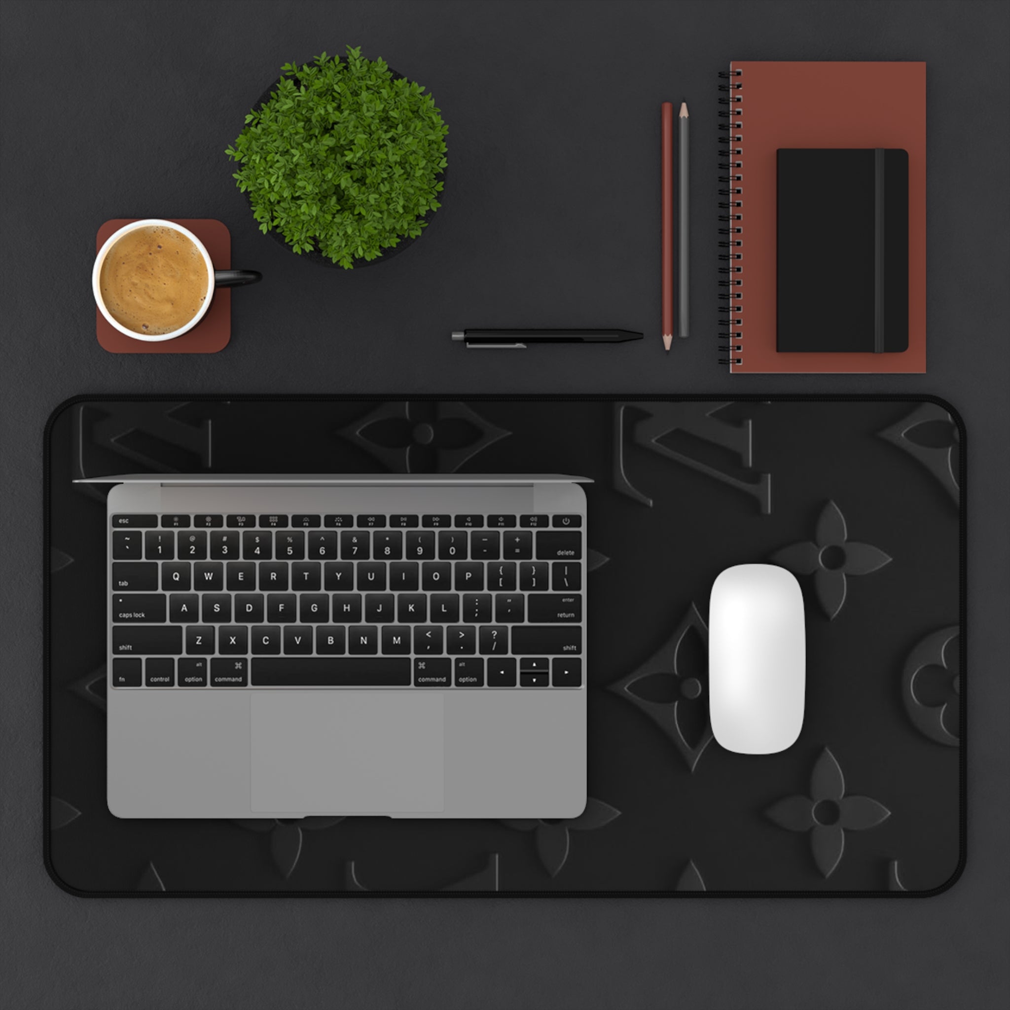 Black Luxe Pattern Desk Mat — Elegant Monogram Texture Mouse Pad