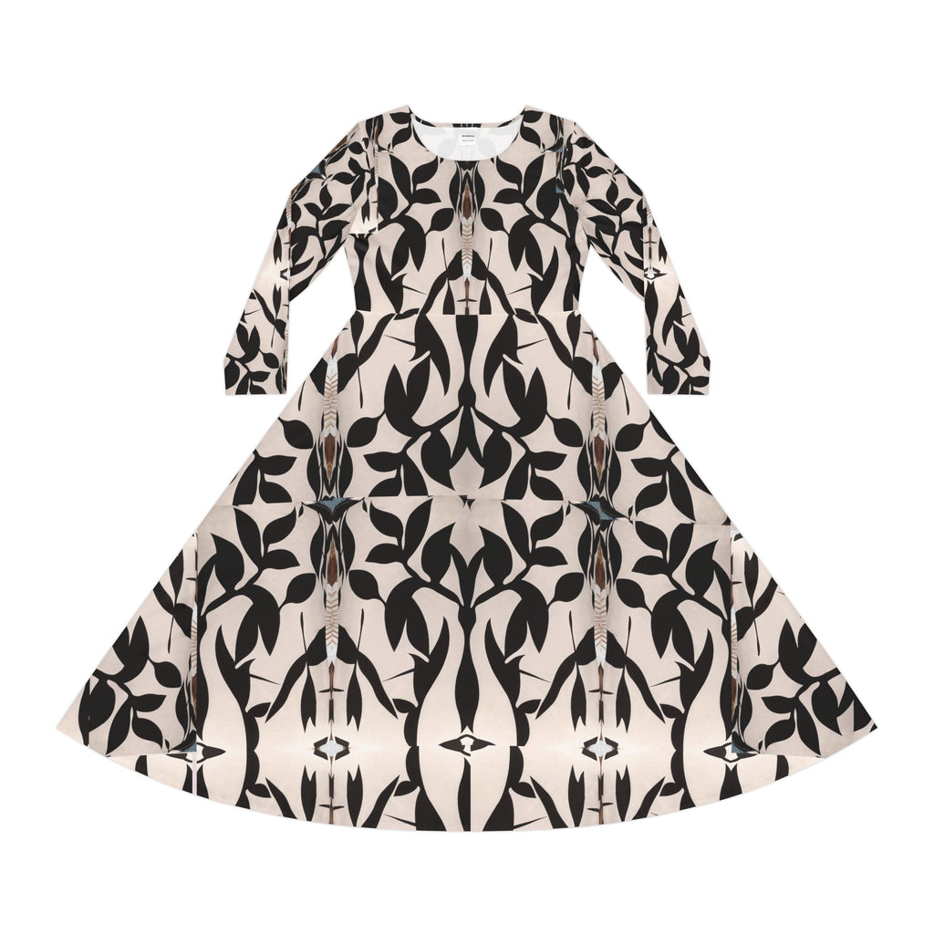 Vestido manga larga para mujer — Estampado geométrico integral en negro y crema