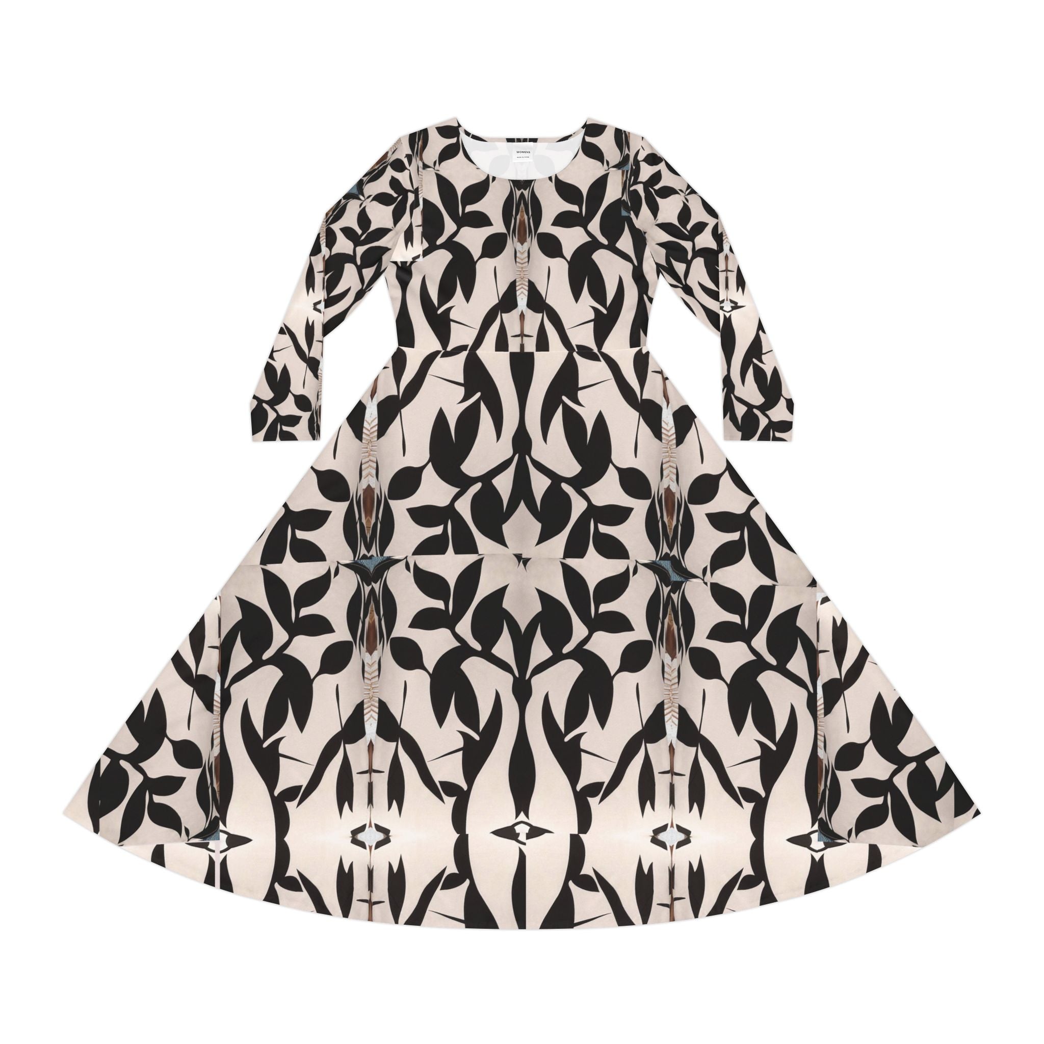 Vestido manga larga para mujer — Estampado geométrico integral en negro y crema