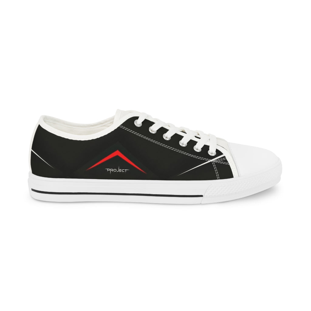 Men's Low Top Sneakers — Black Minimalist Casual Canvas Shoes with Red Accent