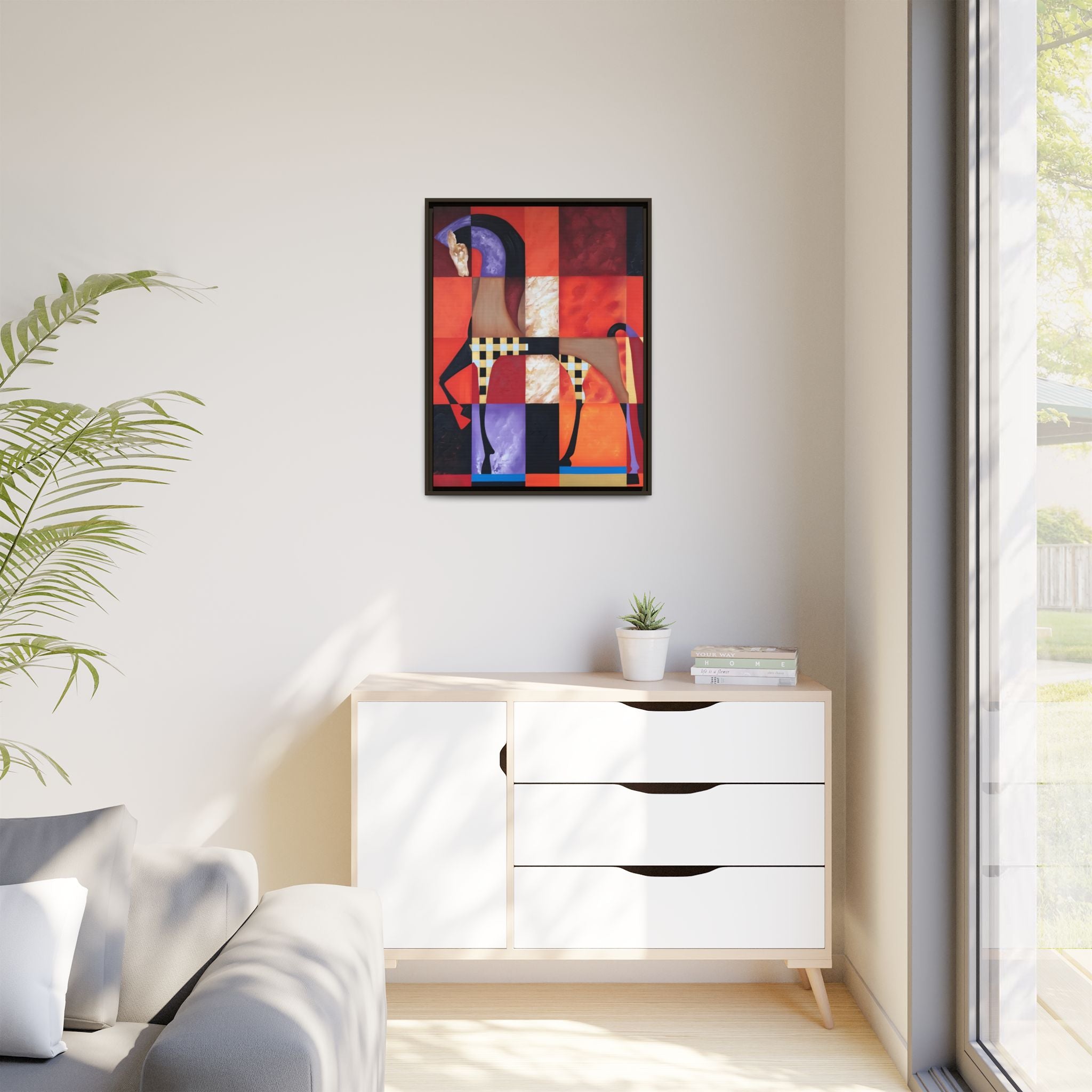 Abstract Geometric Horse Framed Canvas Art — Modern Colorful Wall Decor