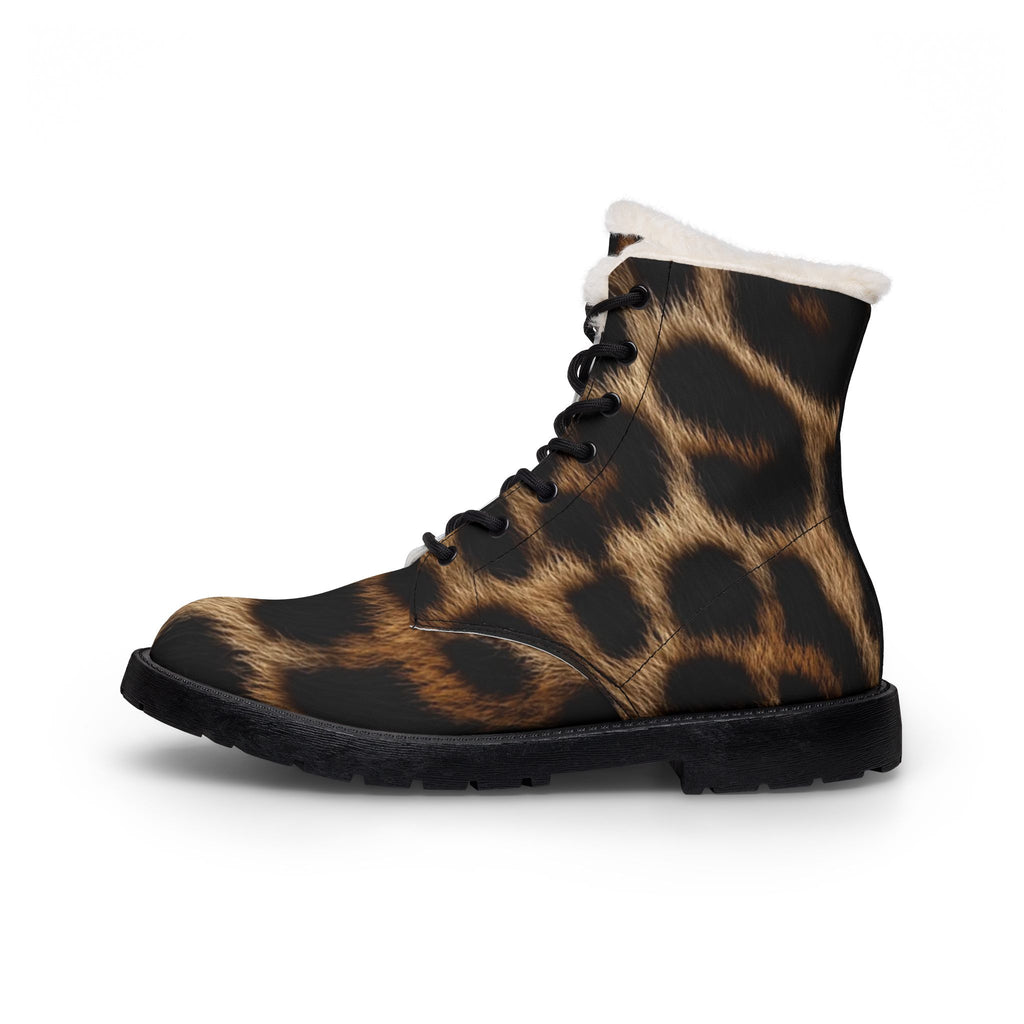 Leopard Print Fur-Lined Leather Boots — Women's Cozy Winter Combat Style