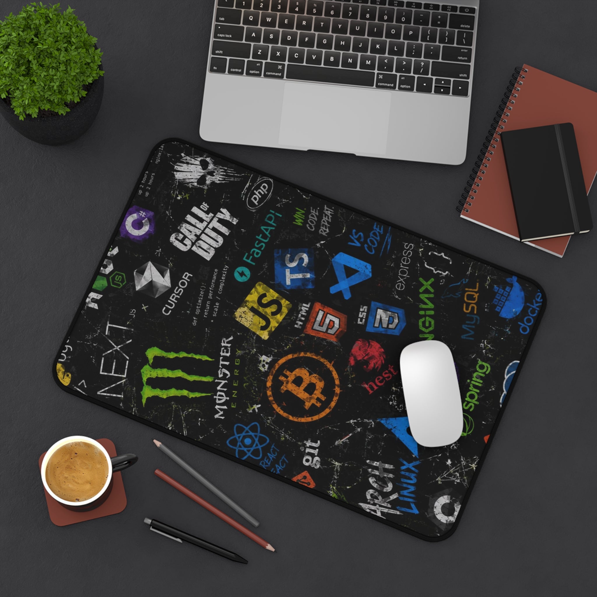 Programmer Icons Desk Mat — Tech Logo Gaming Mousepad for Developers