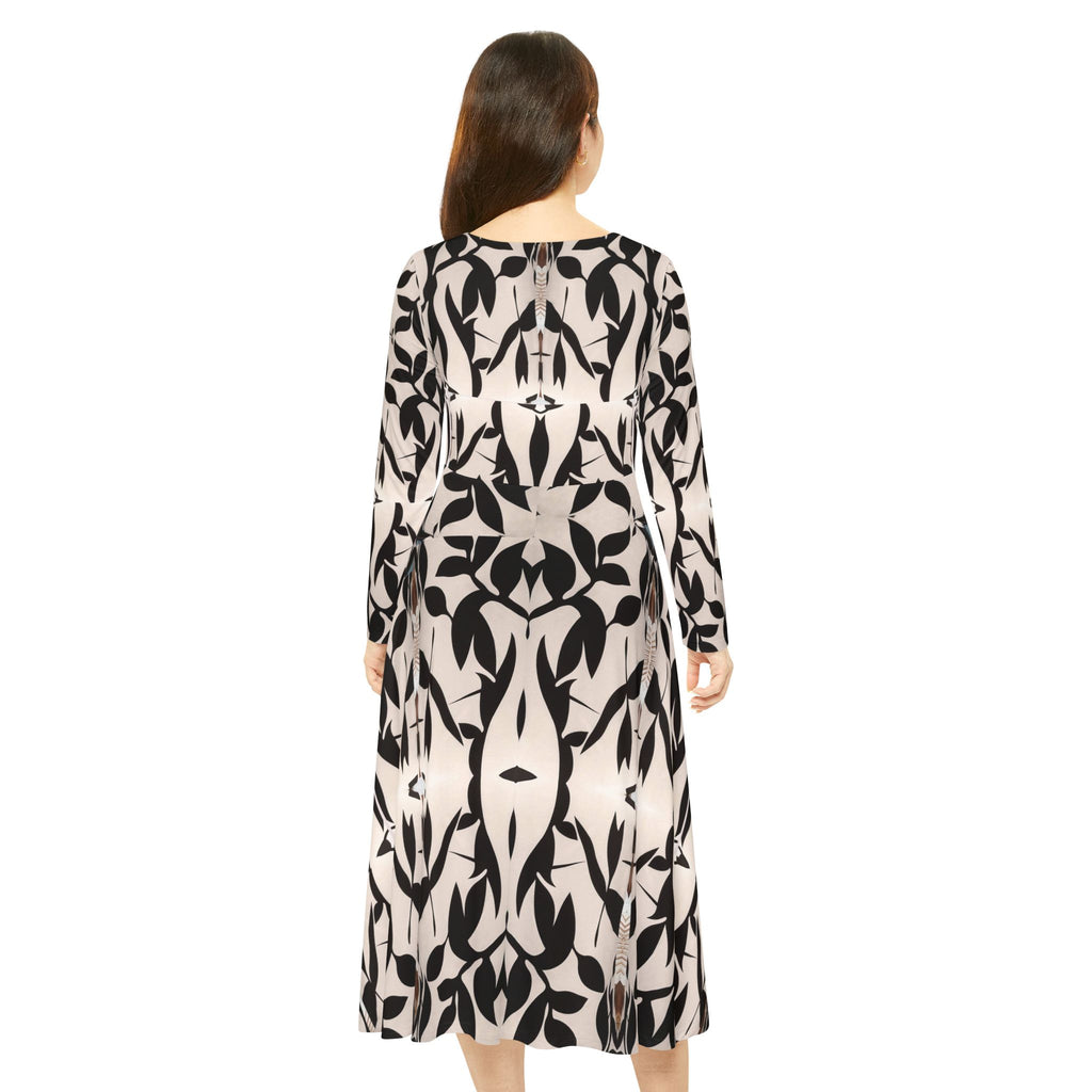 Vestido manga larga para mujer — Estampado geométrico integral en negro y crema
