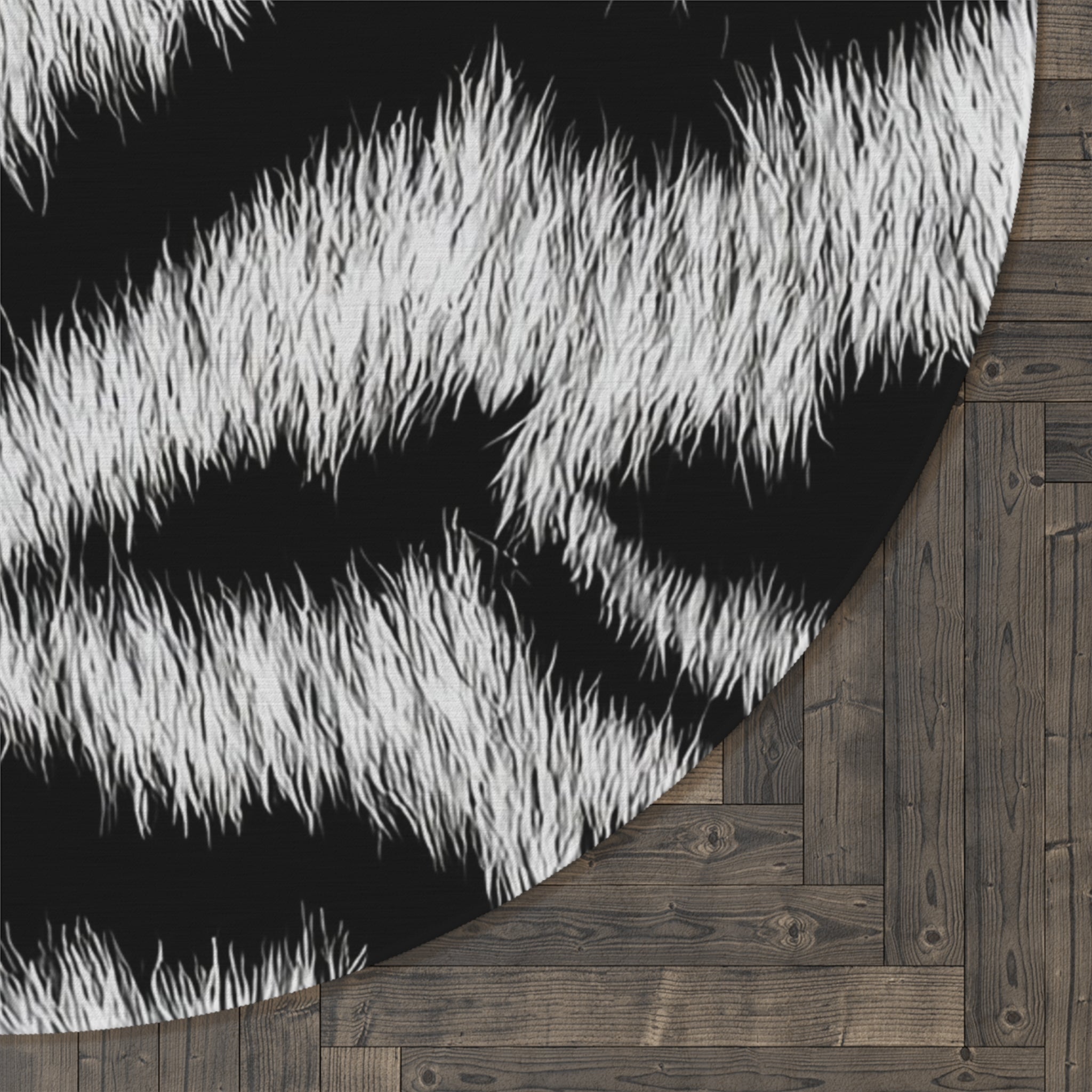 Zebra Print Round Rug — Black & White Faux Fur Accent Mat
