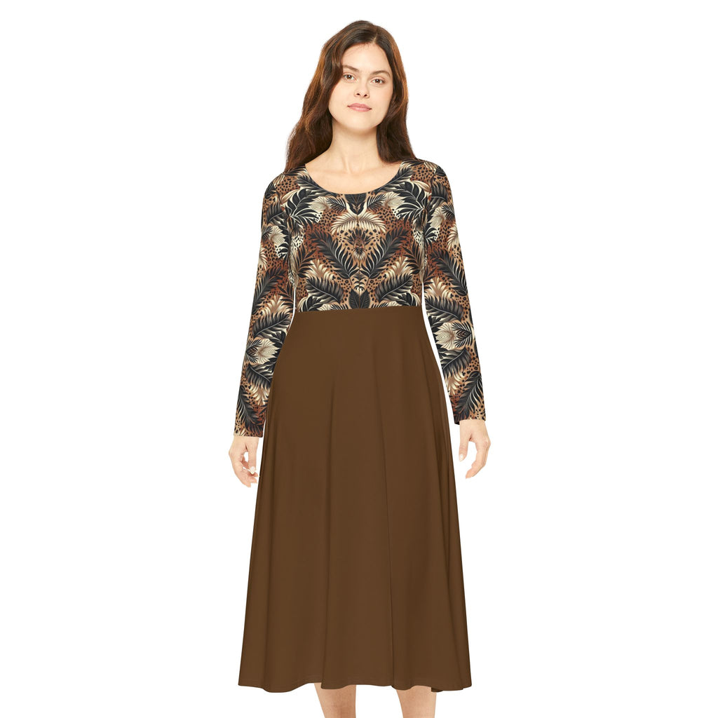 Boho Feather Print Long Sleeve luxury Dress — Full Circle Skirt