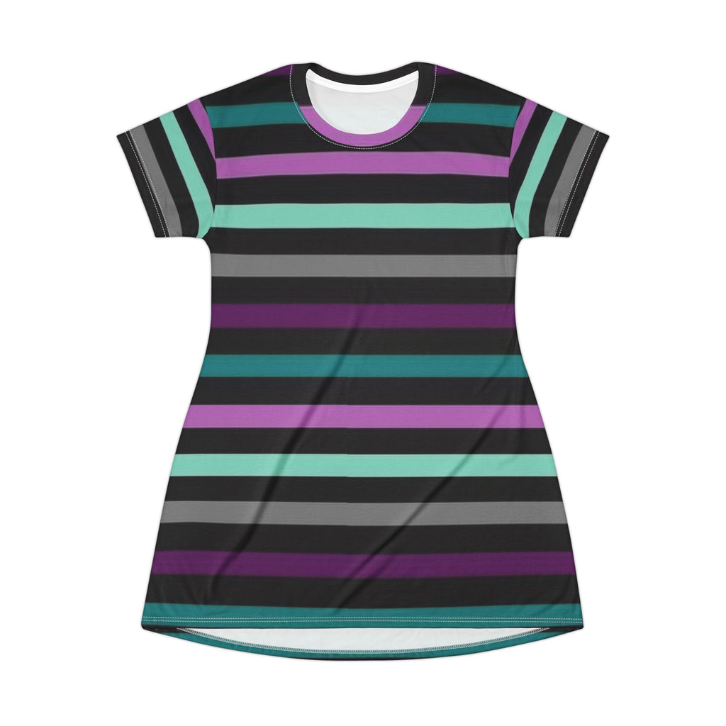 Striped Pastel Goth T-Shirt Dress — Black, Teal & Purple All-Over Print