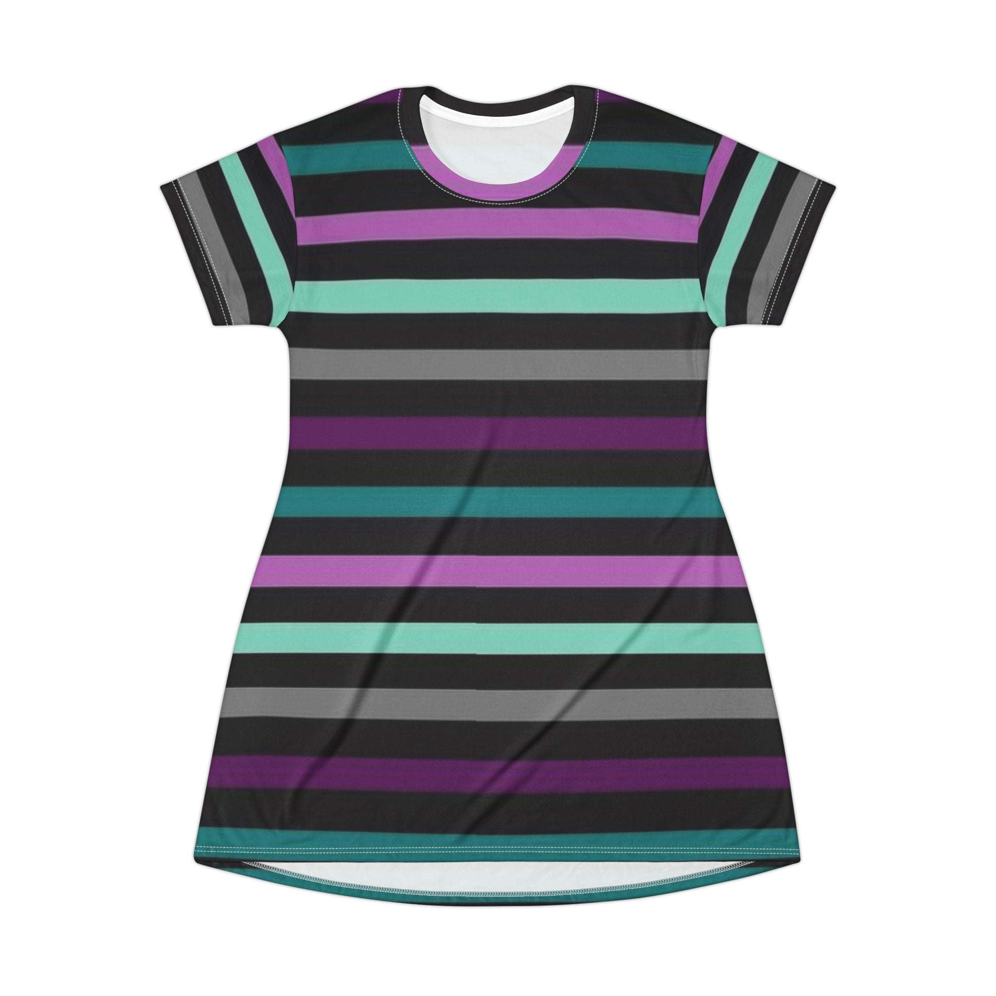 Striped Pastel Goth T-Shirt Dress — Black, Teal & Purple All-Over Print
