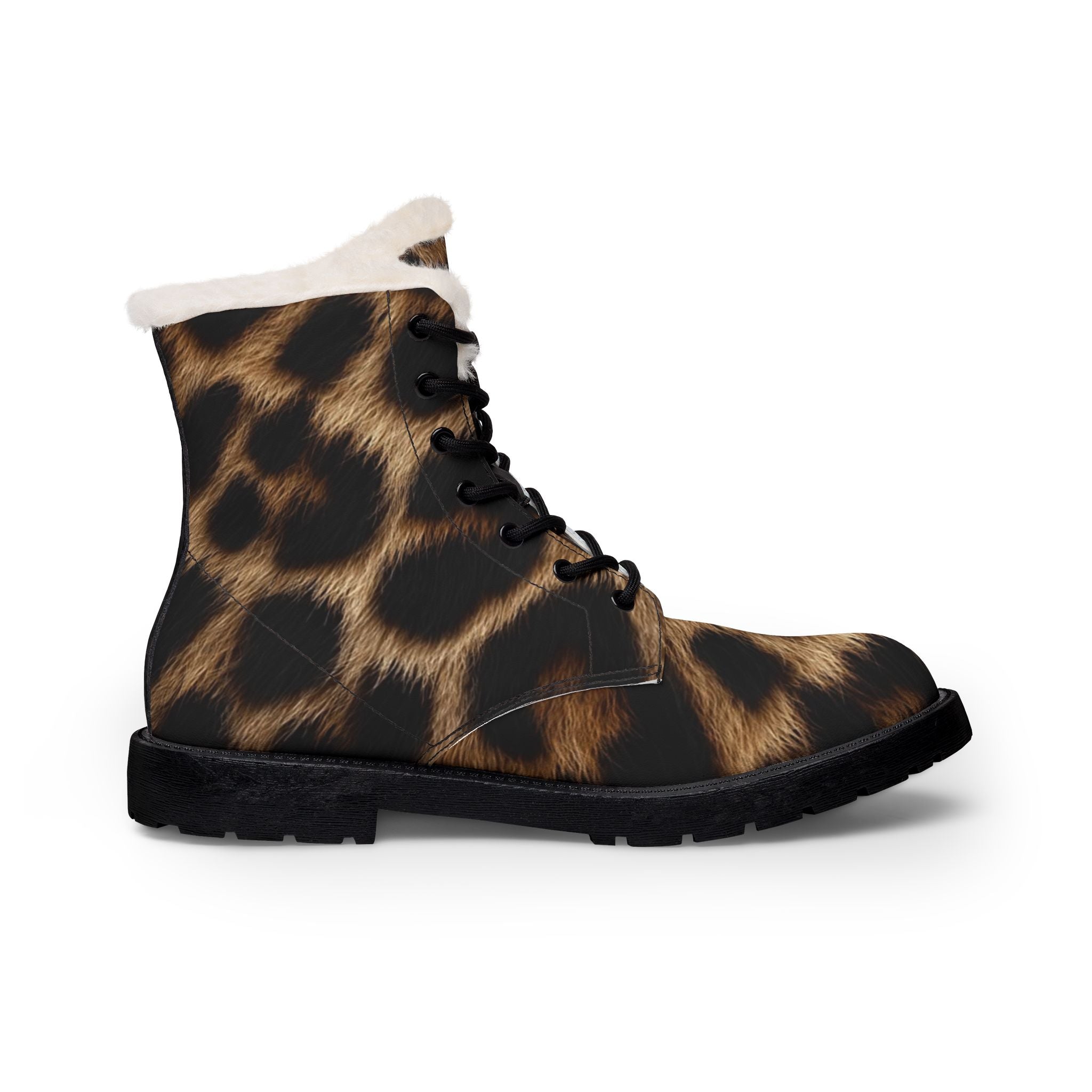 Leopard Print Fur-Lined Leather Boots — Women's Cozy Winter Combat Style