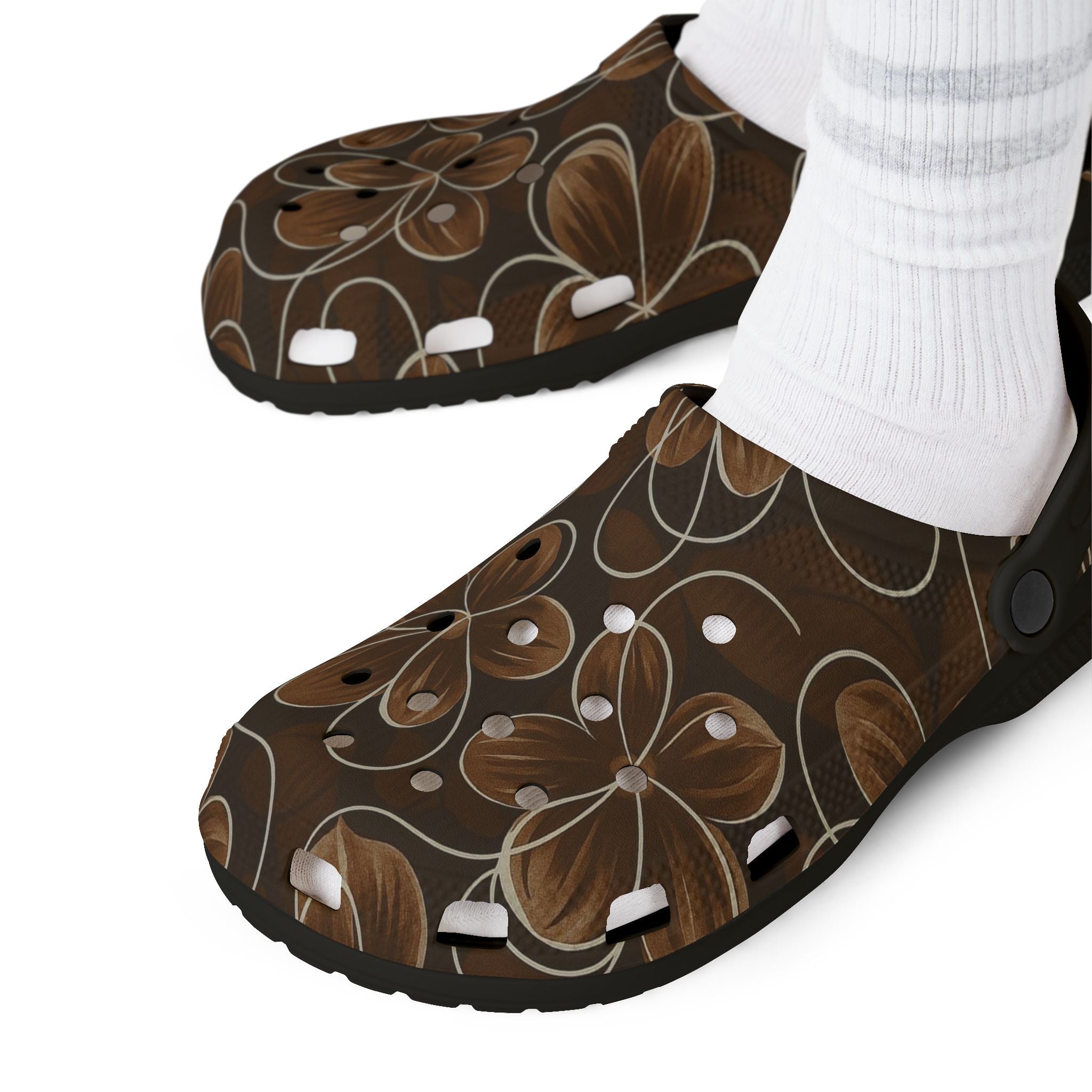 Brown Floral EVA Foam Clogs — Comfortable Garden Slip-On Shoes
