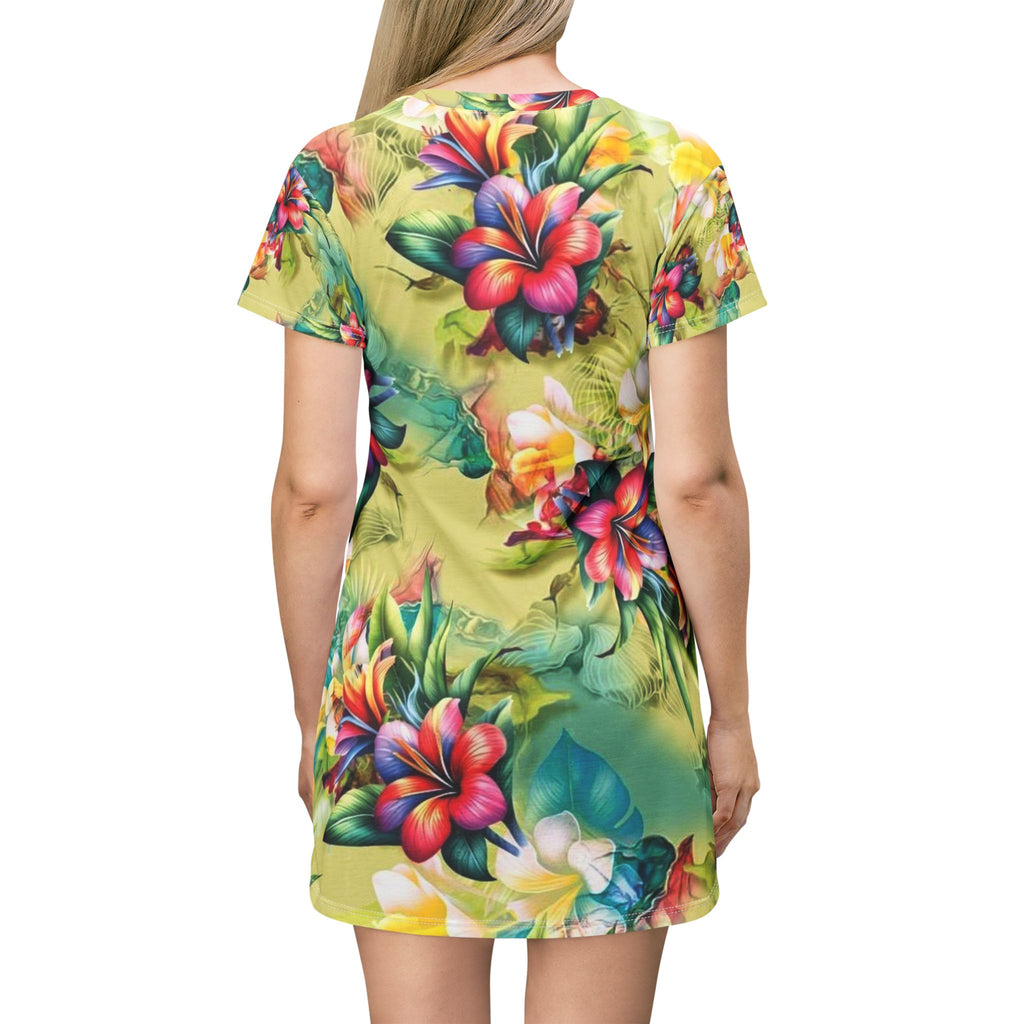 Floral Tropical T-Shirt Dress – Vibrant Hibiscus All-Over Print