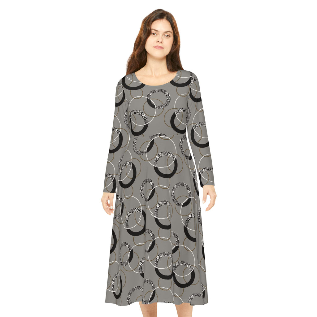 Gray Vintage Hoop Pattern Long-Sleeve Luxury Dress