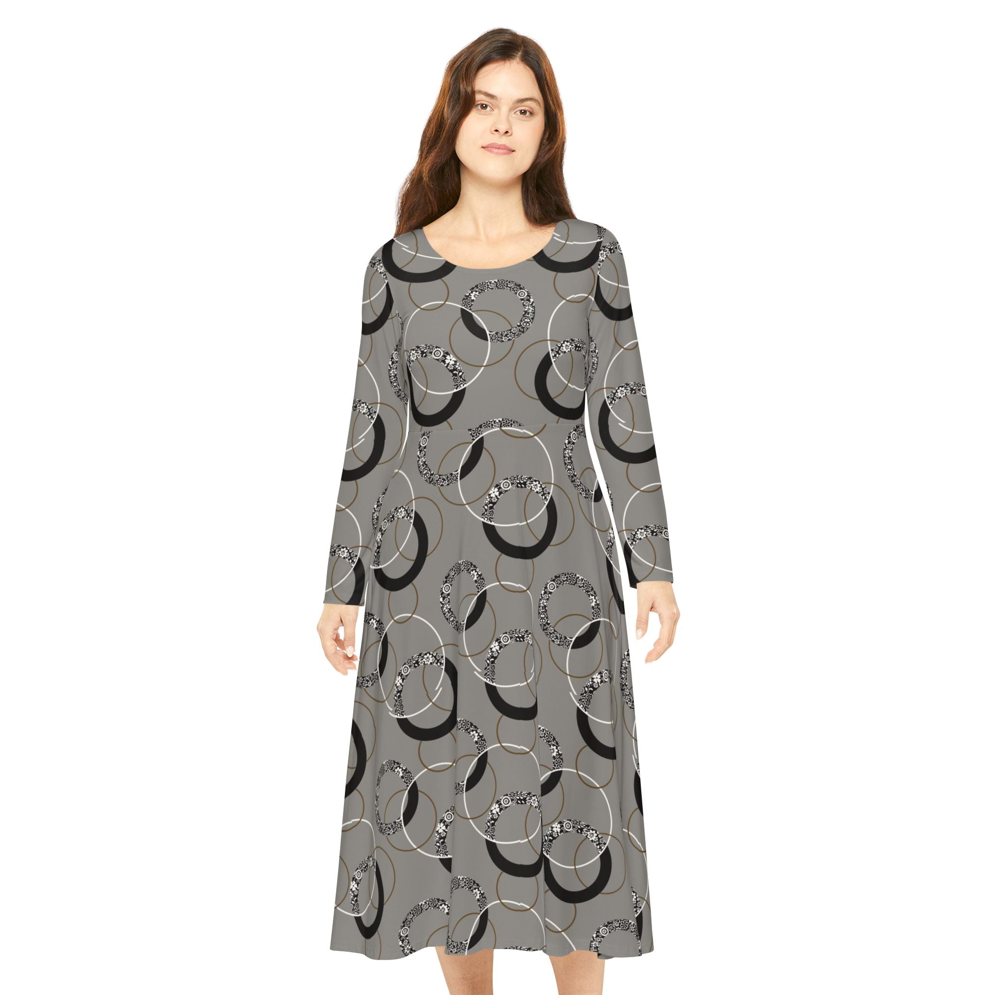 Gray Vintage Hoop Pattern Long-Sleeve Luxury Dress