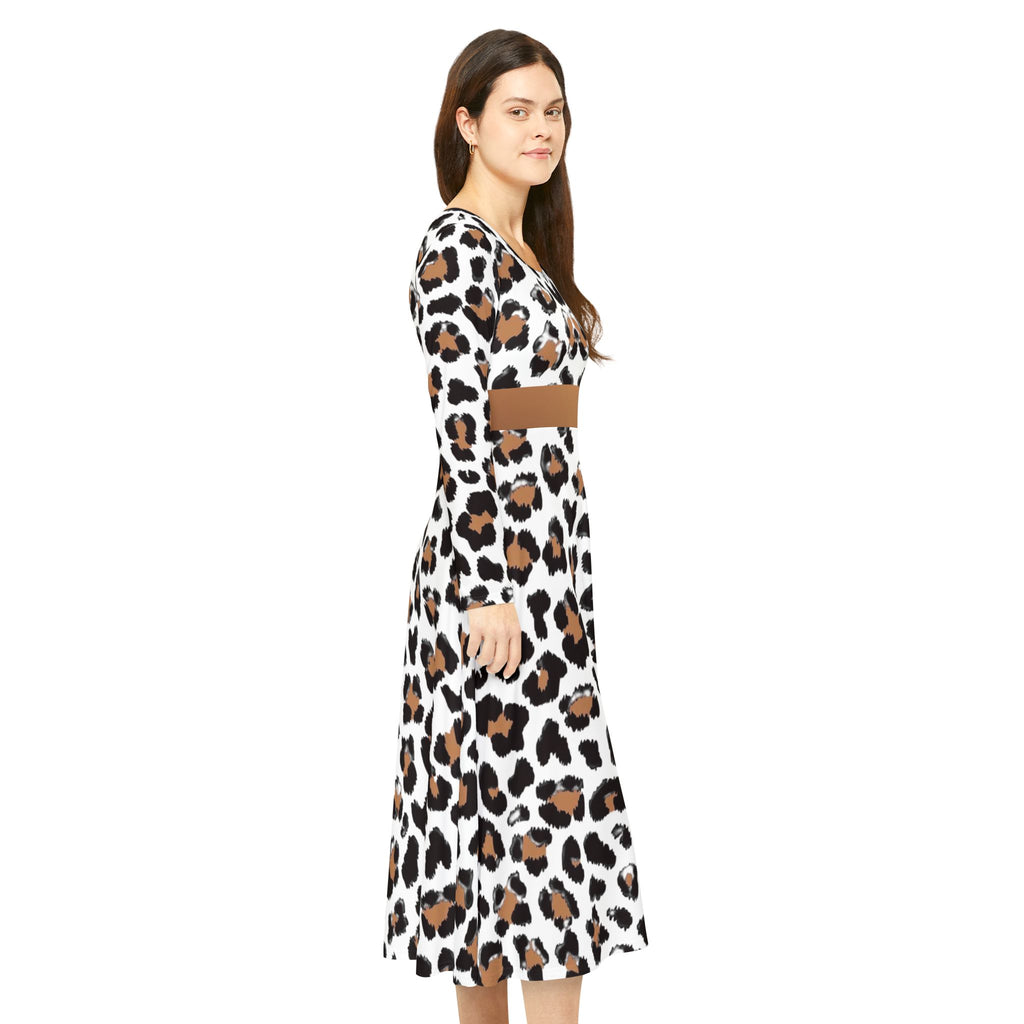 Leopard Print Long-Sleeve Luxury Dress — Flared A-Line Skirt, Animal Print Performance Wear