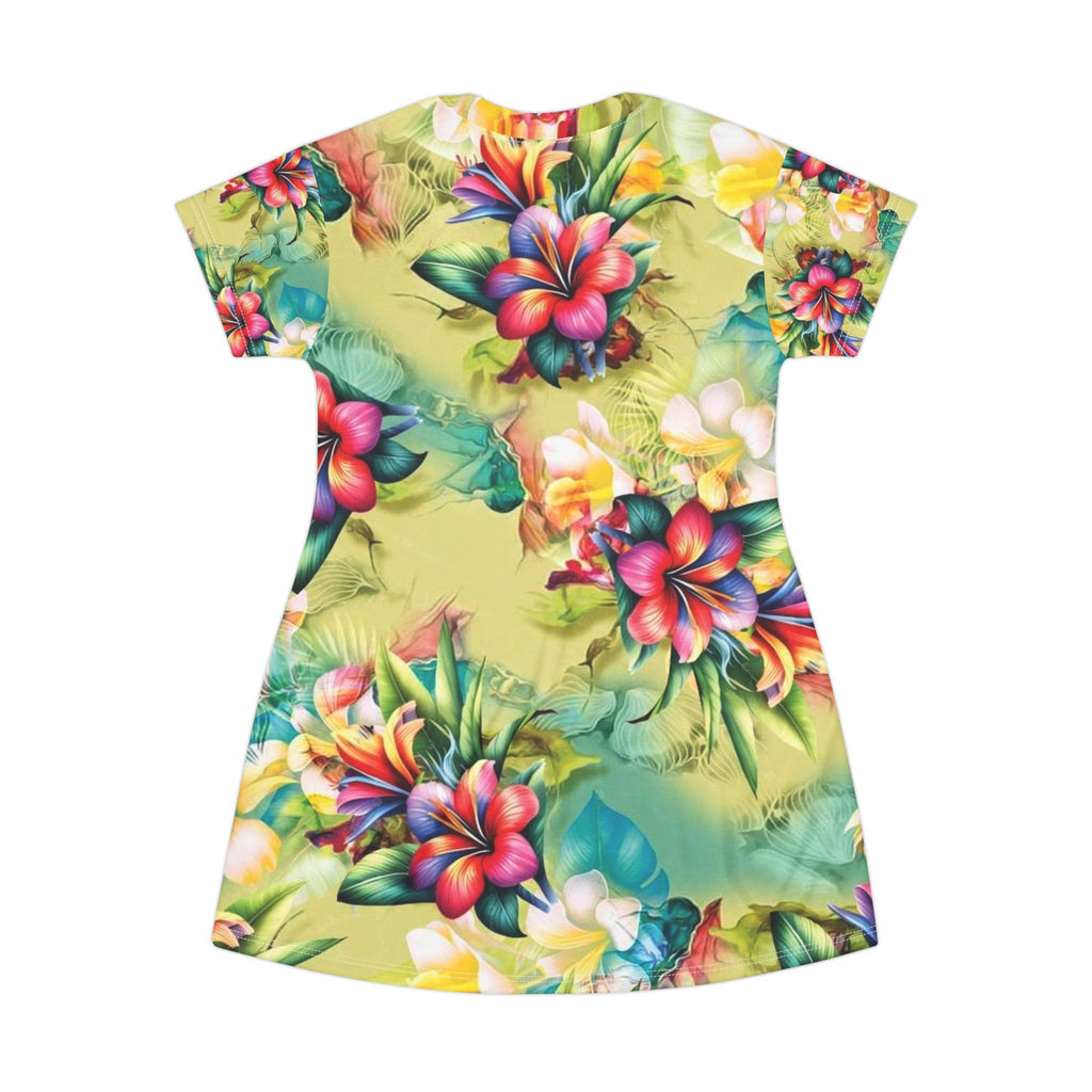 Floral Tropical T-Shirt Dress – Vibrant Hibiscus All-Over Print