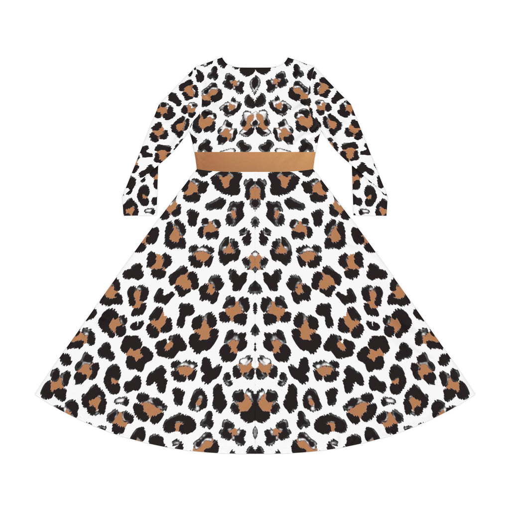 Leopard Print Long-Sleeve Luxury Dress — Flared A-Line Skirt, Animal Print Performance Wear