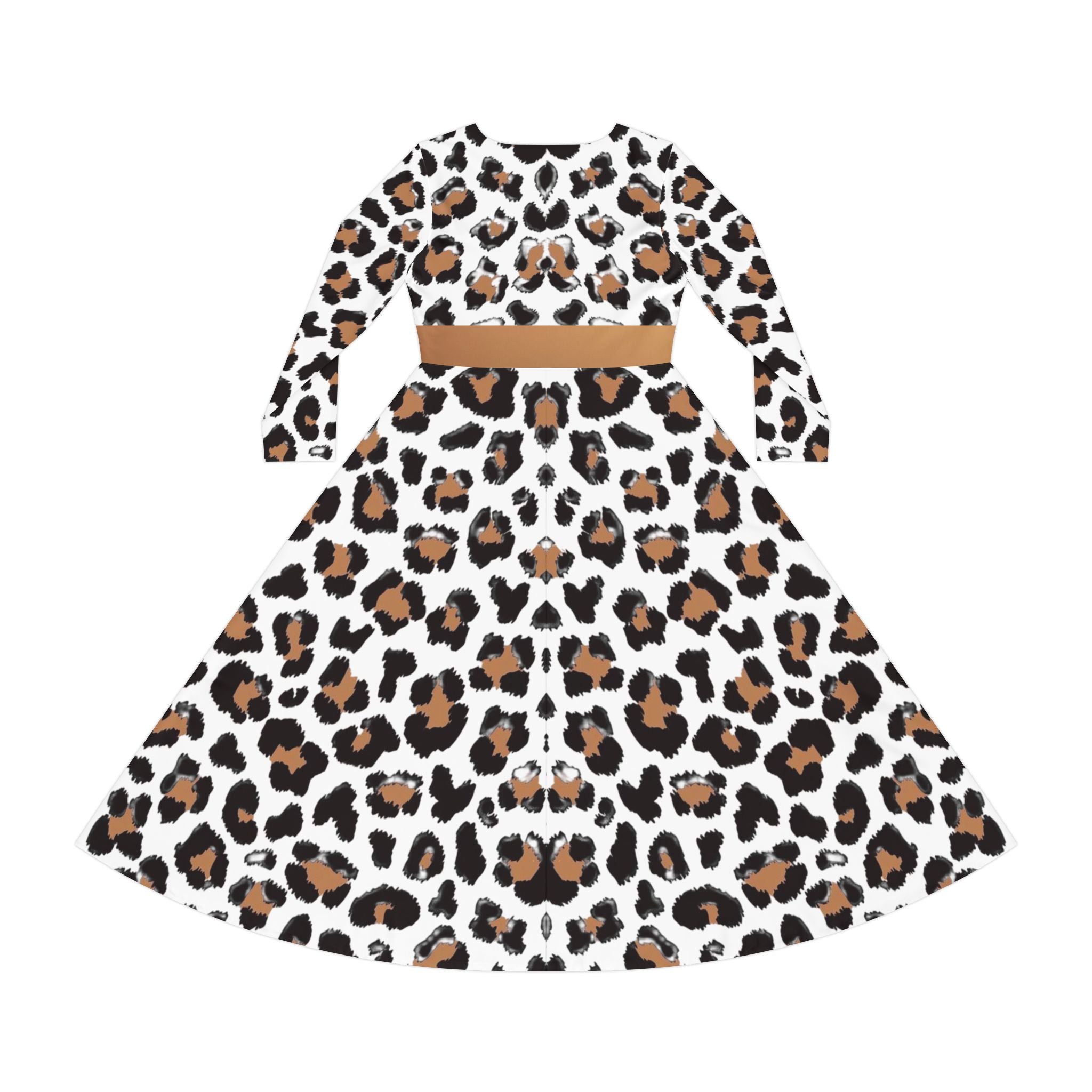 Leopard Print Long-Sleeve Luxury Dress — Flared A-Line Skirt, Animal Print Performance Wear